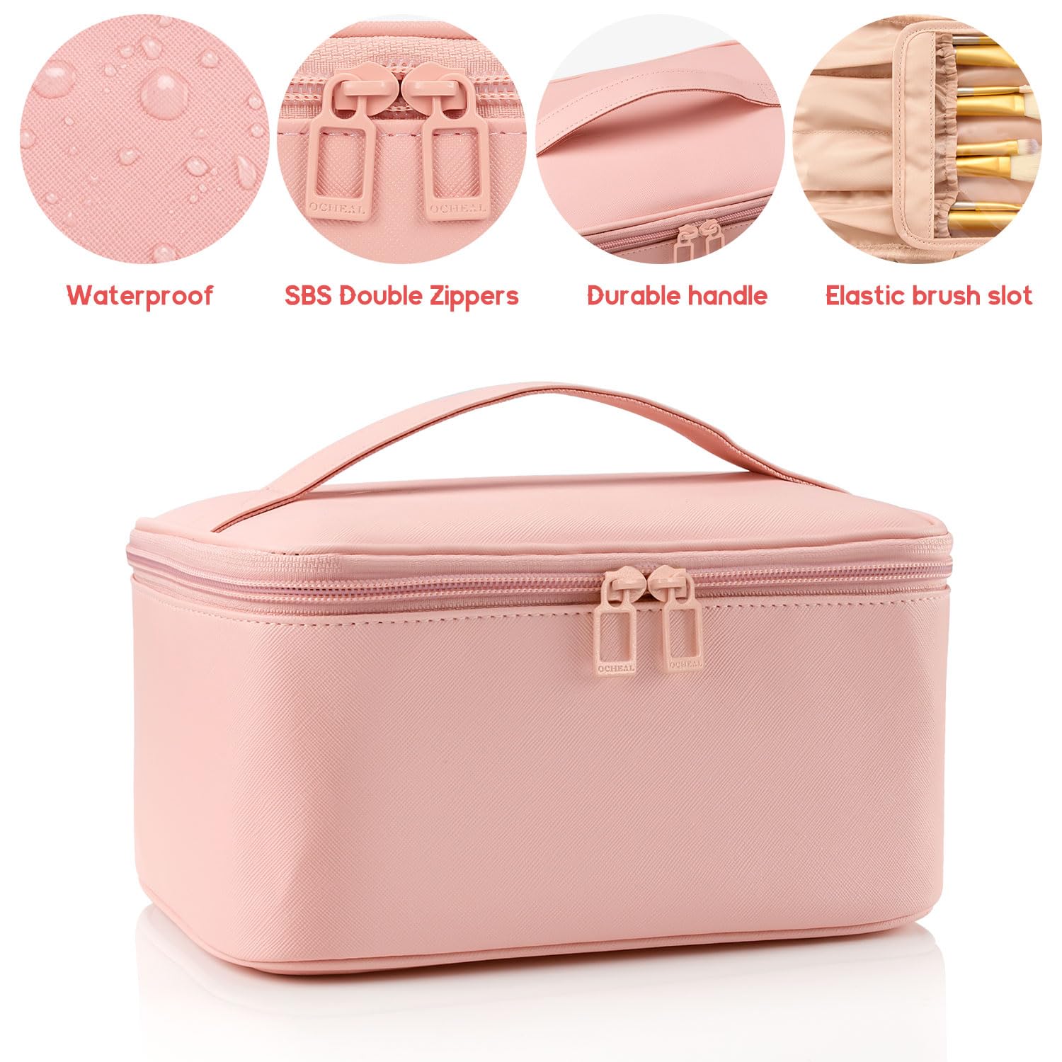 Travel Makeup Bag, Portable Cosmetic Bag with Makeup Brushes Organiser Large Capacity Toiletry Bags Holiday Essentials for Women, Pink