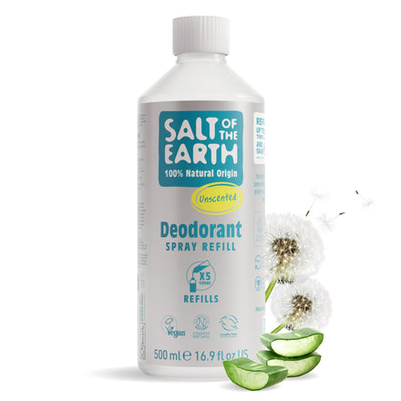Salt of the Earth - Natural Deodorant Spray Refill - Unscented - 100% Natural Origin, Vegan and Effective Long Lasting Protection, Leaping Bunny Approved, Made in the UK - 500ml