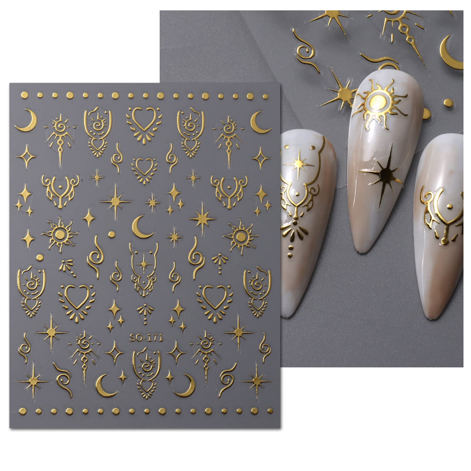JMEOWIO 9 Sheets Moon Star Nail Art Stickers Decals Self-Adhesive Pegatinas Uñas Sun Nail Supplies Nail Art Design Decoration Accessories
