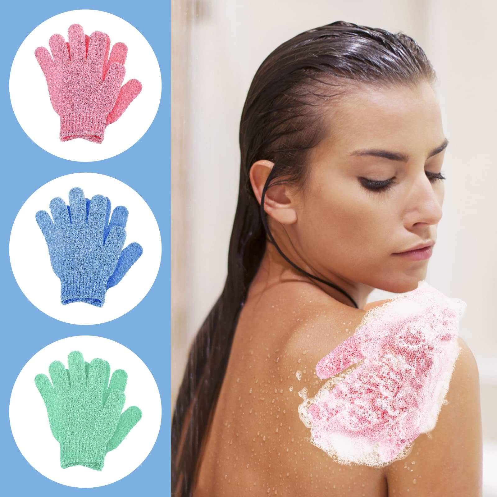6Pcs Exfoliating Gloves - Bamboo Shower Gloves - Bath and Body Exfoliator Mitts - Scrubs Away Ingrown Hair and Dead Skin - for Shower, Spa, Massage and Dead Skin Cell Remover Loofah - Green,Blue,Pink