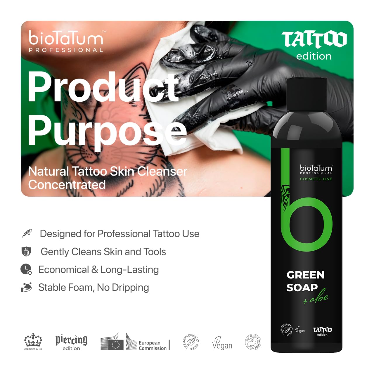 bioTaTum Tattoo Green Soap Concentrate - Professional Cleaner Foam - Cleansing Soothing Solution - Skin Clean Relieve Accessory, for Avoiding Stinging Or Skin Irritation - Cleaner Accessories