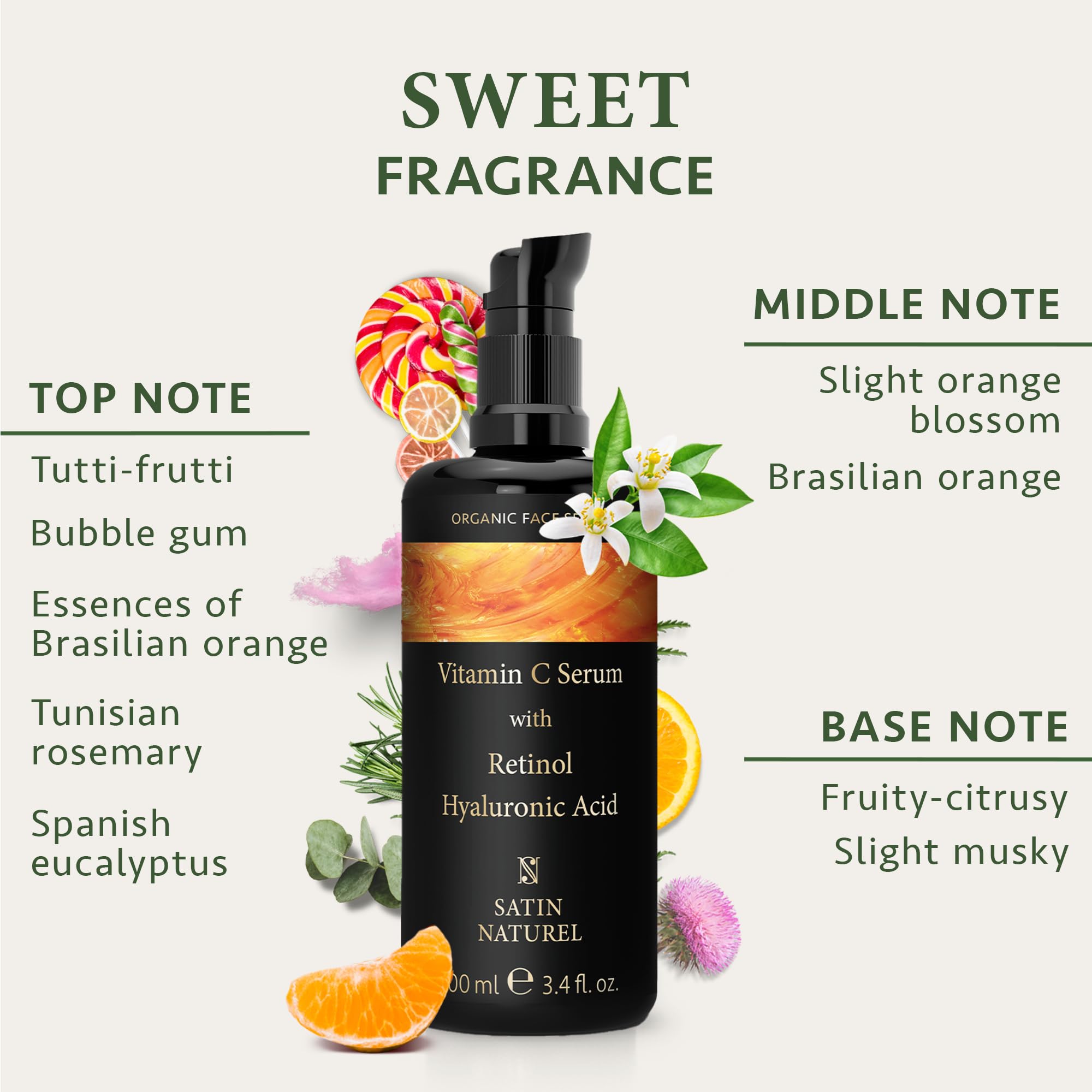 Satin Naturel Vitamin C Serum for Face + Retinol + Hyaluronic Acid + Vitamin E 100ml - Anti Aging Face Serum for Women for Dark Spots, Smoothing Fine Lines and Wrinkles Skin Brightening