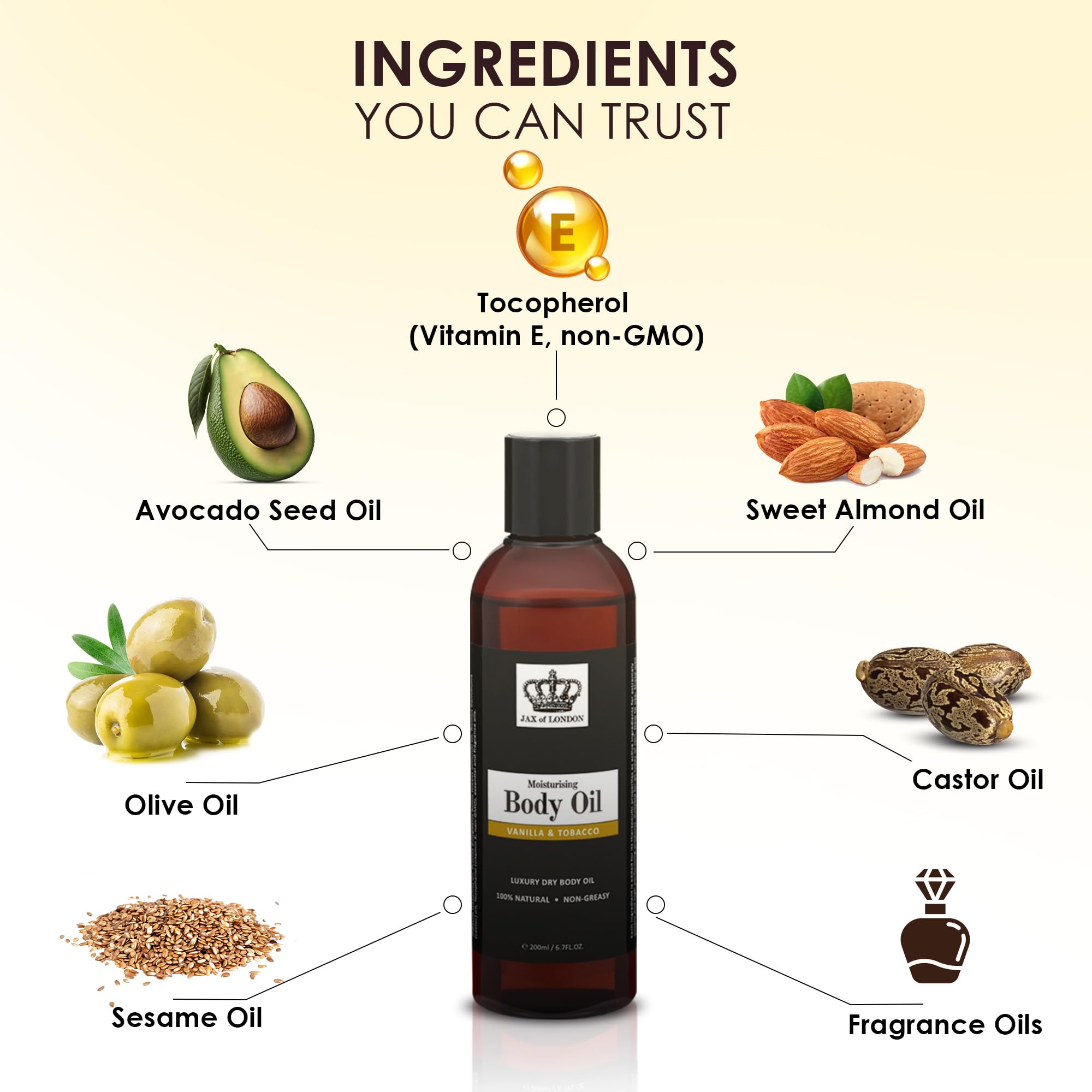 Jax of London Tobacco & Vanilla Body Oil 200ml, Inspired Body Oil, Moisturising Massage Oil for Skin, Body Oil for Dry Skin, Suitable for Massage, Firming, Aromatherapy & Relaxation Womenβs fragrance