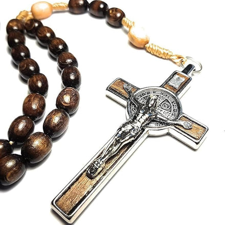 Genuine Made in Italy Rosary Necklace Blessed by Pope Francis Saint Benedict Medal Cross perfect for car mirror Rosarios catolicos para hombre Patron of Students Christian Values (Brown)