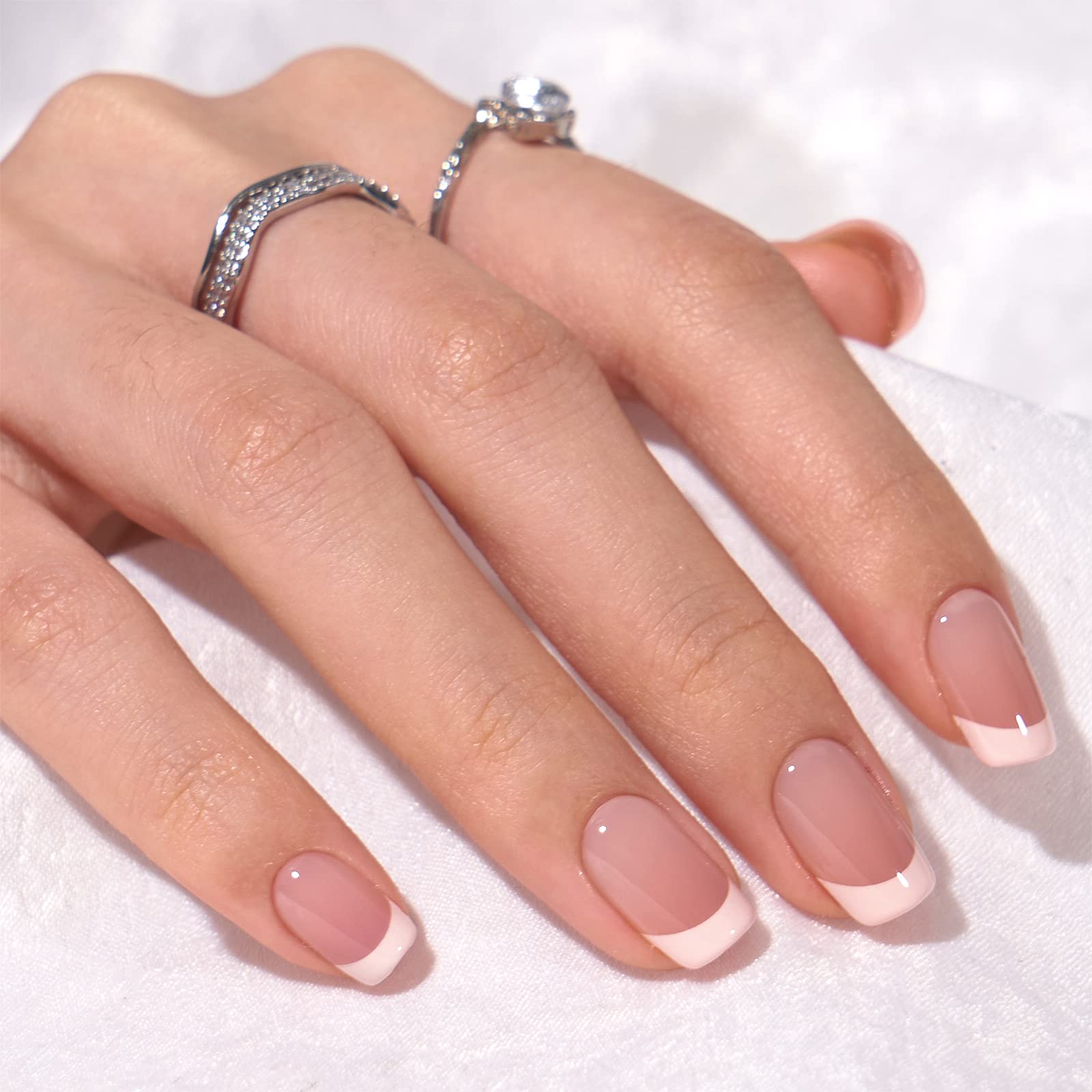 BTArtbox Stick On Nails Short - Square French Tip False Nails With Glue, 30Pcs Soft Gel Fake Nails in 15 Sizes, Reusable Semi-Transparent Glue On Nail for Women, French Girl