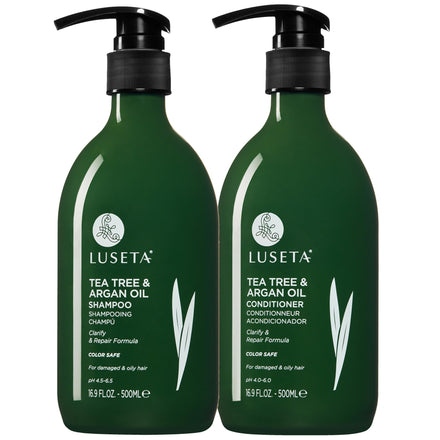 LUSETA Tea Tree Shampoo and Conditioner Set for Dandruff and Dry Itchy Scalp, for Oily Hair and for Greasy Hair, Clarifying shampoo with Argan Oil Helps Promote Hair Growth 2 x 500ml