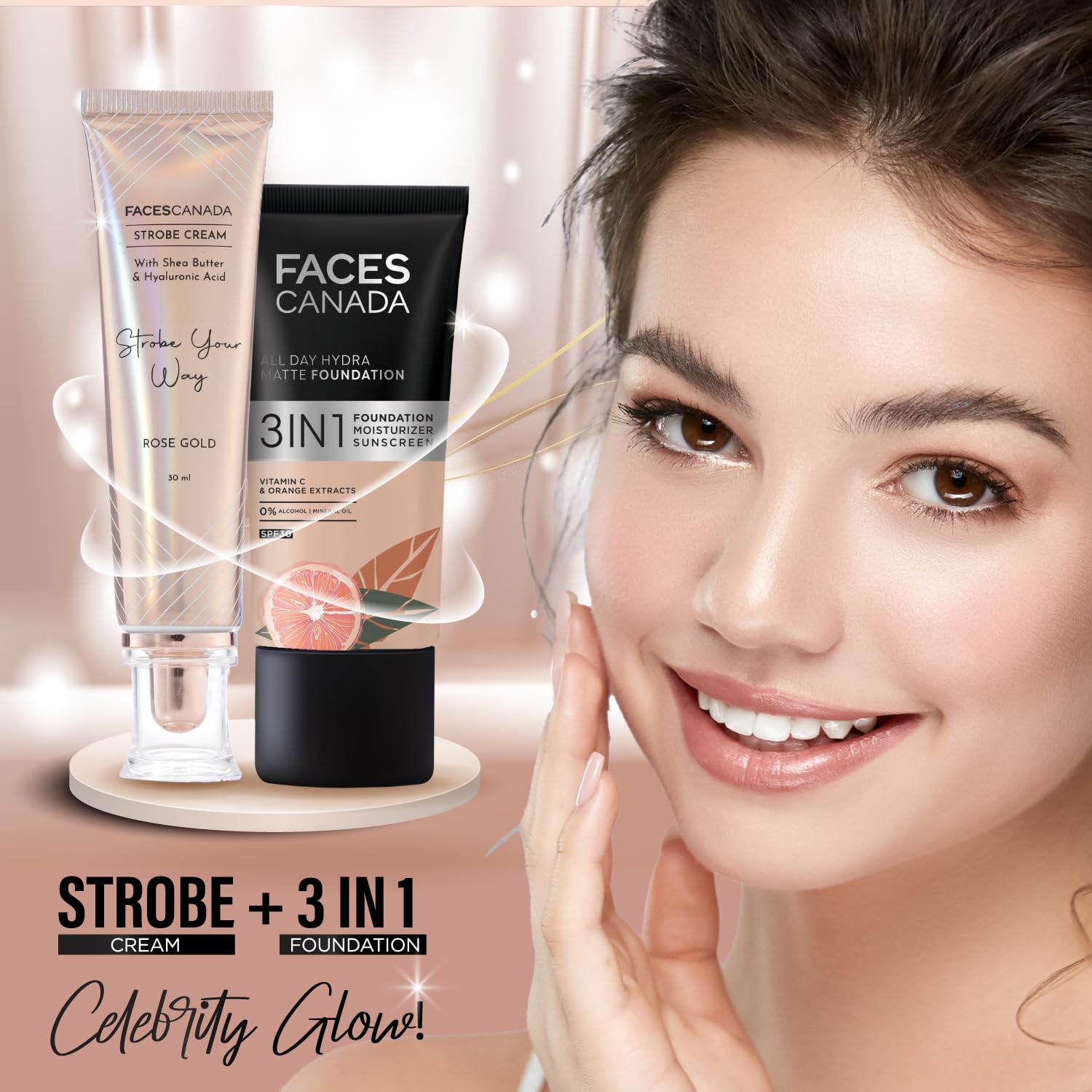 FACESCANADA Strobe Cream - Rose Gold | with Shea Butter & Hyaluronic Acid | Hydrating & Illuminating Makeup | for Radiant Dewy Skin | 1.01 Fl Oz (30ml)