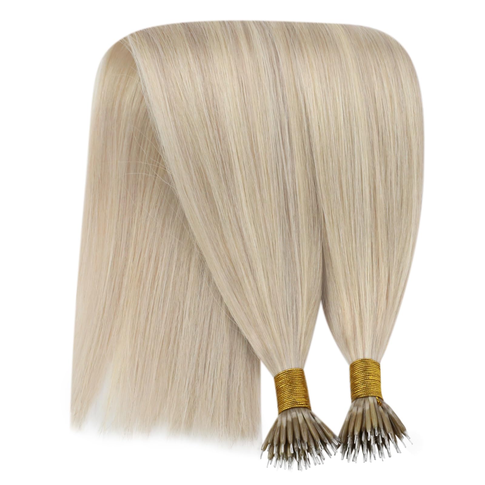 YoungSee Nano Hair Extensions Blonde 16inch Nano Bead Hair Extensions Human Hair Warm Ash Blonde Highlight Bleach Blonde Nano Ring Extension Highlights Soft 50s 50g