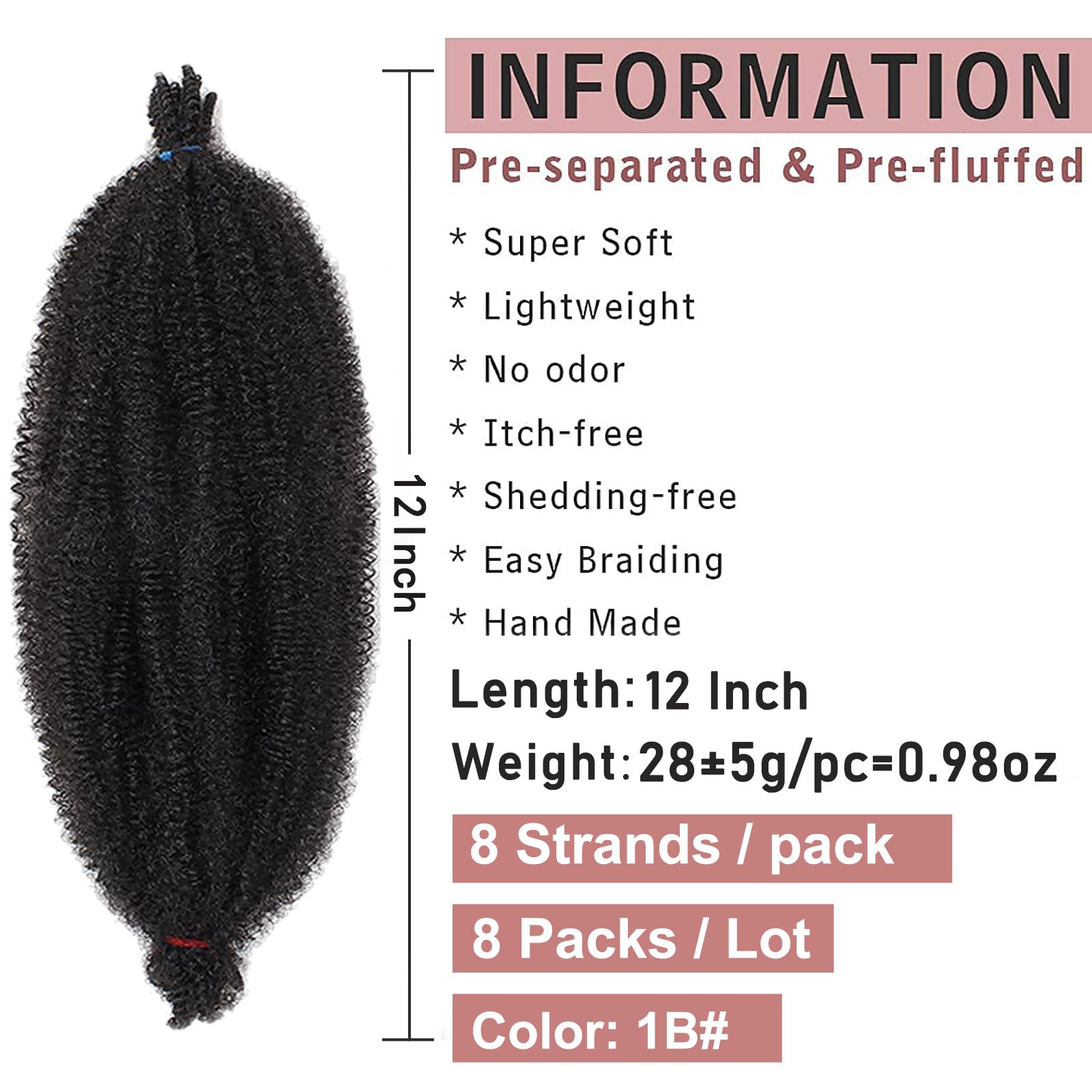 Xtrend 8 Packs 12 Inch Soft Springy Afro Twist Hair Pre-Separated Spring Twist Hair for Faux Locs Natural Black Marley Twist Crochet Braiding Hair Synthetic Hair Extensions 8 Strands/Pack 1B#