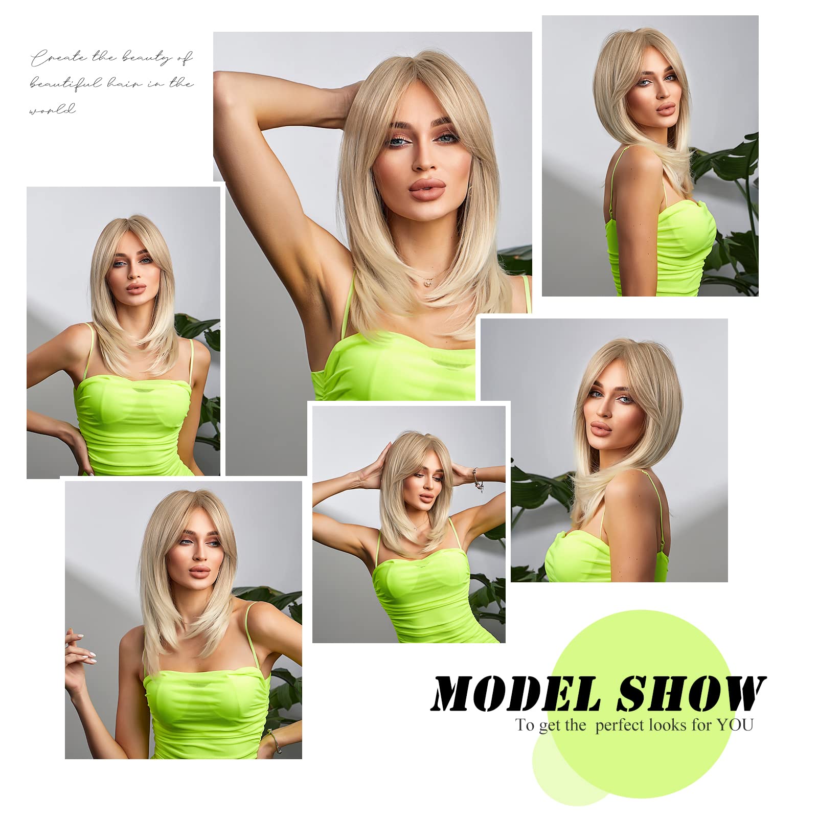 HAIRCUBE Long Blonde Wigs for Women, Synthetic Hair Shoulder-Length Wig with Fringe