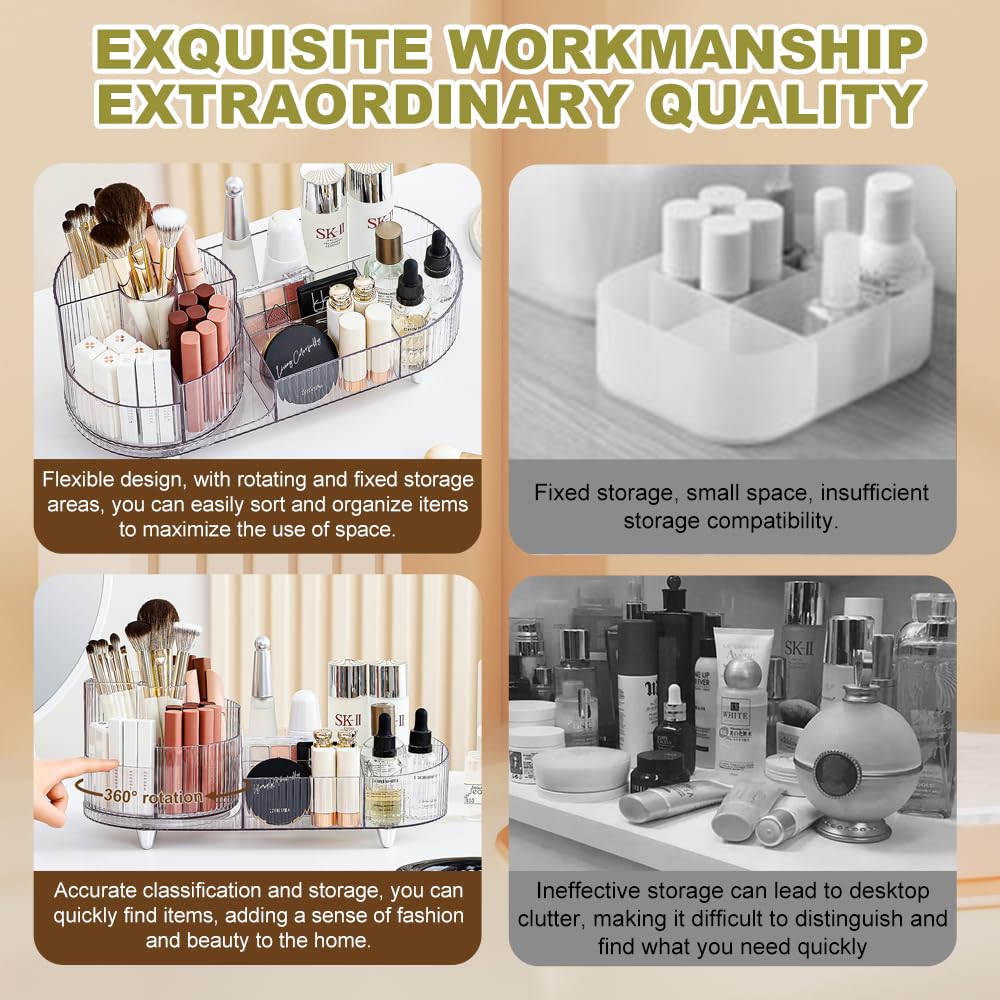 BULLA Makeup Organiser, 360 Rotating Makeup Organiser, Rotating Compartment 2 In 1 Cosmetic Storage, Makeup Organizer Storage Is Perfect for Dresser, Bathroom, Bedroom (Crystal Clear)