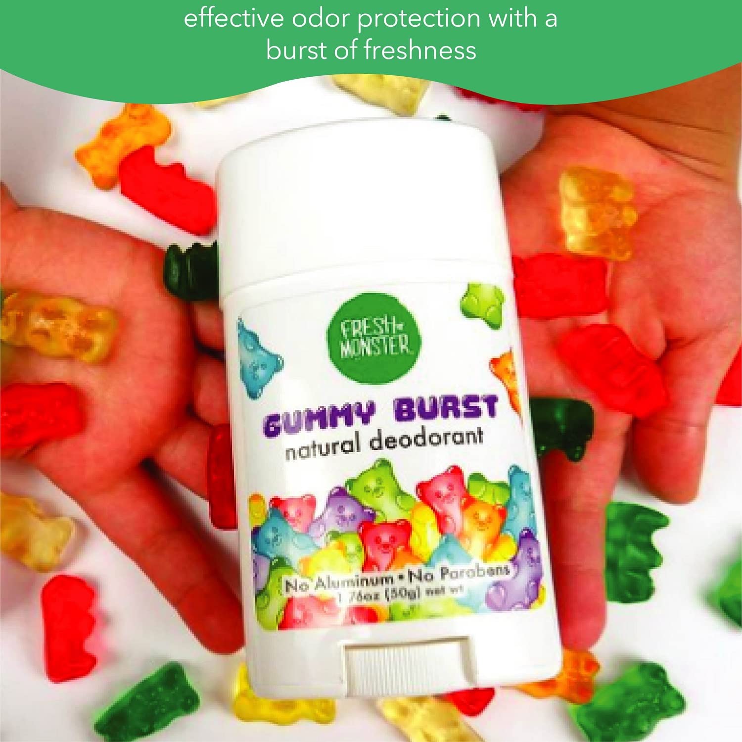 Fresh Monster Natural Deodorant For Kids And Teens | Aluminum Free, Paraben Free, Hypoallergenic | Gummy Burst Scent (1.76Oz)