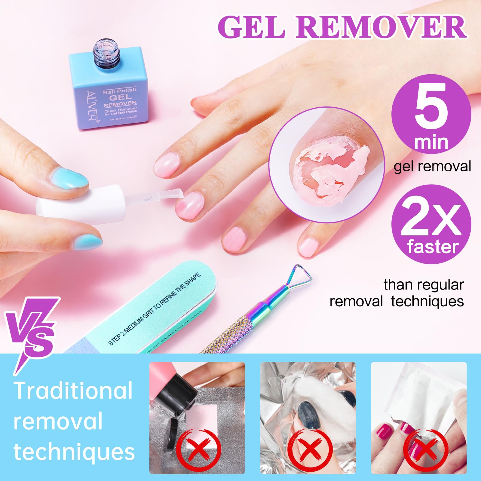 PLOBRT Gel Nail Polish Remover, Gel Polish Remover - Quick & Easy Remove in 3-5 mins, Gel Remover with Gel Polish Scraper and Nail File, No Damage To Nails (2 Pack), Blue