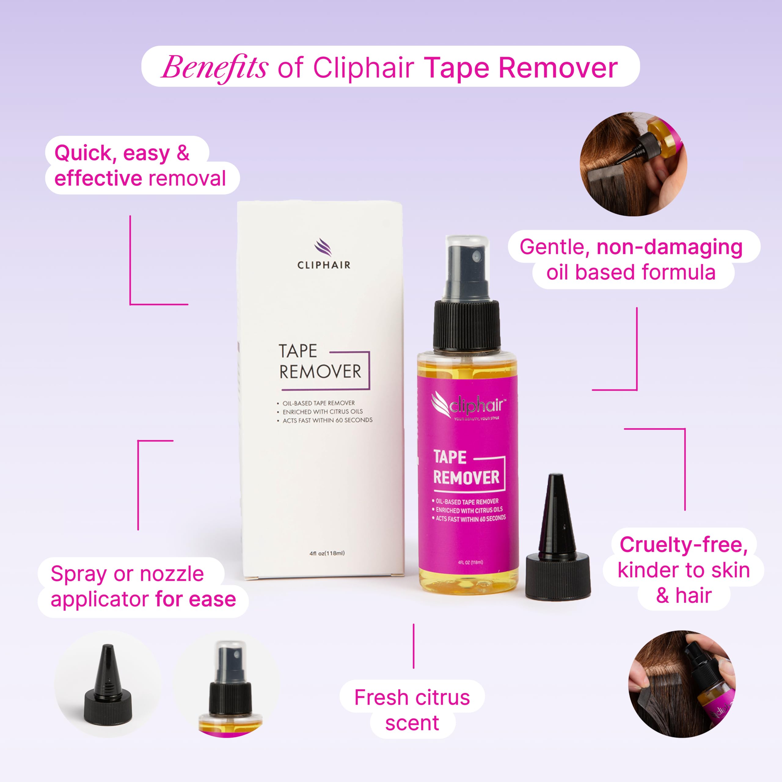 Cliphair Tape Hair Extensions Remover 118ml, Easy to Use Tape Remover Hair Extensions 4 FL oz, Citrus Oil Enriched Adhesive Tape Remover