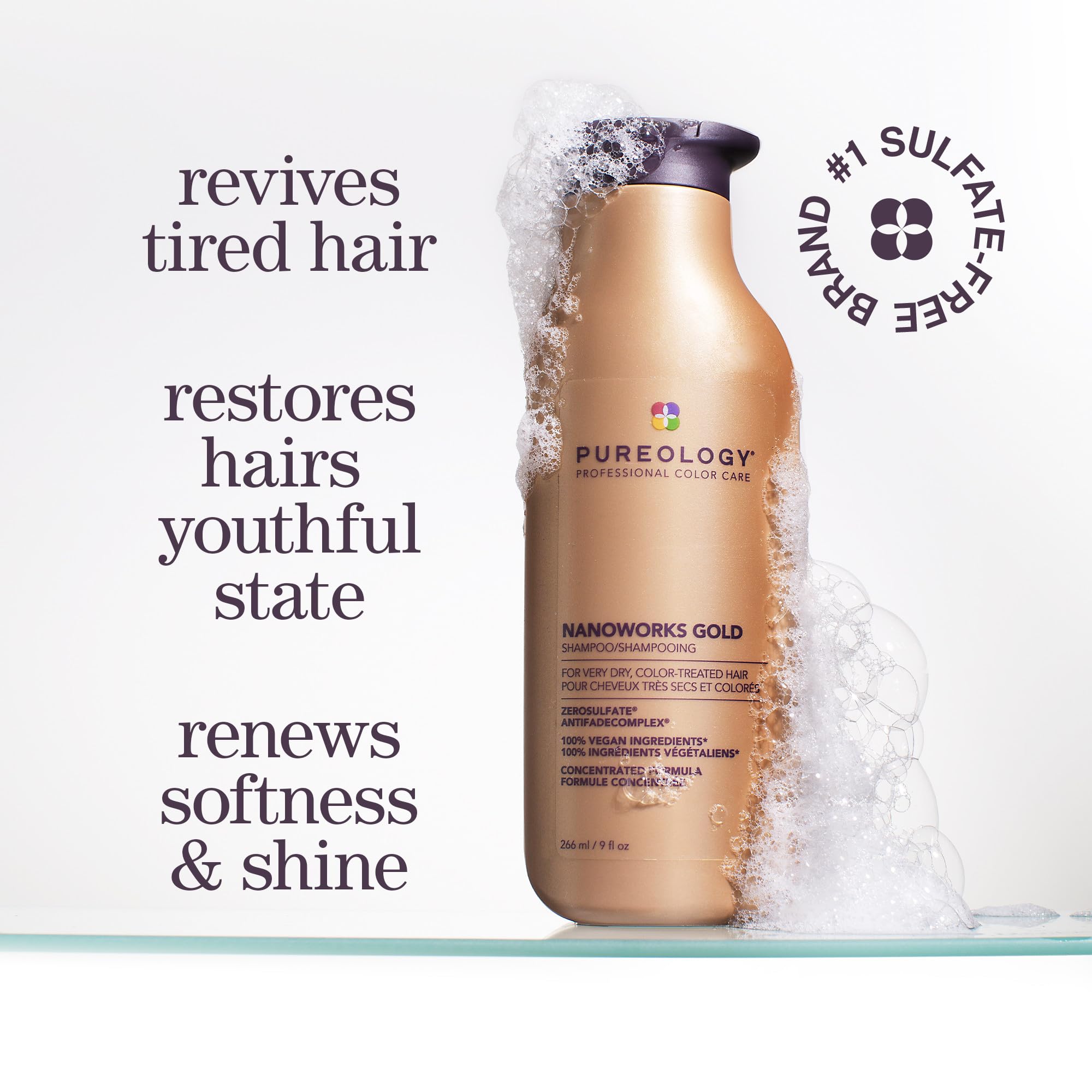 Pureology Nanoworks Gold, Shampoo, For Fine, Very Dry, Colour-Treated Hair, Renews Softness And Shine, Vegan Formulas, Sulphate Free, 266ml