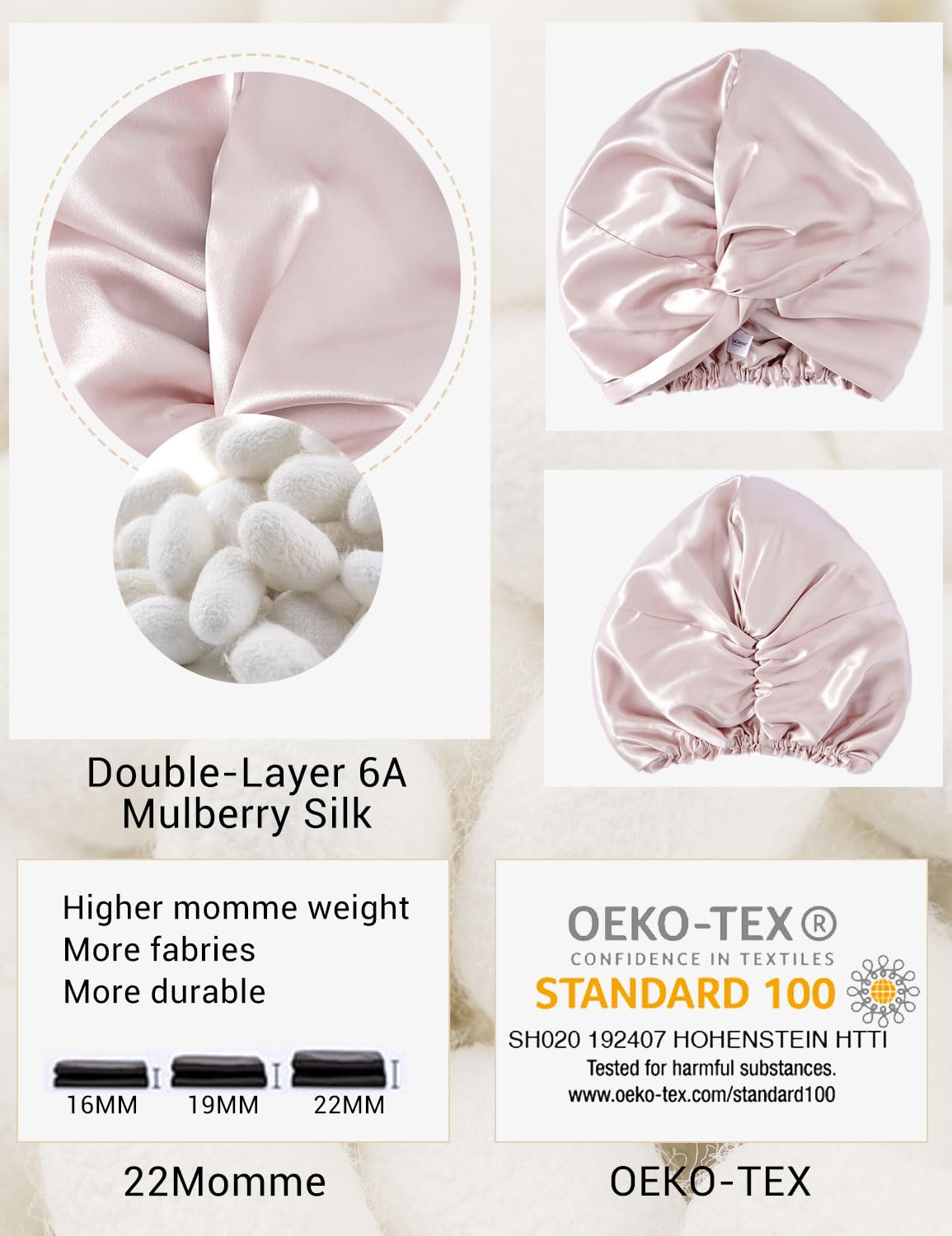 LaCourse 100% Genuine 22Momme Silk Bonnet for Sleeping, Double-Layered Mulberry Silk Hair Wrap with Premium Elastic Stay on Head. (One Size, Pink)