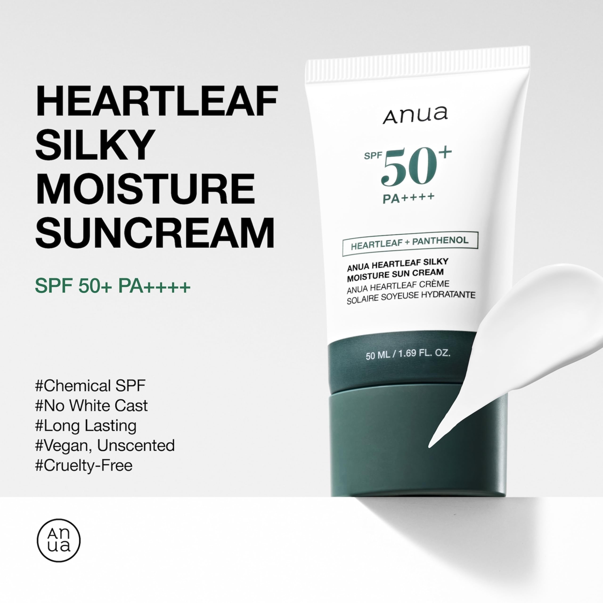 ANUA Heartleaf Silky Moisture Sun Cream SPF 50 PA++++, Korean Sunscreen for Face, Korean Skincare, Korean Makeup Base, Niacinamide, Fragrance Free, Travel Essentials, No White Cast, 50ml /1.69fl.oz