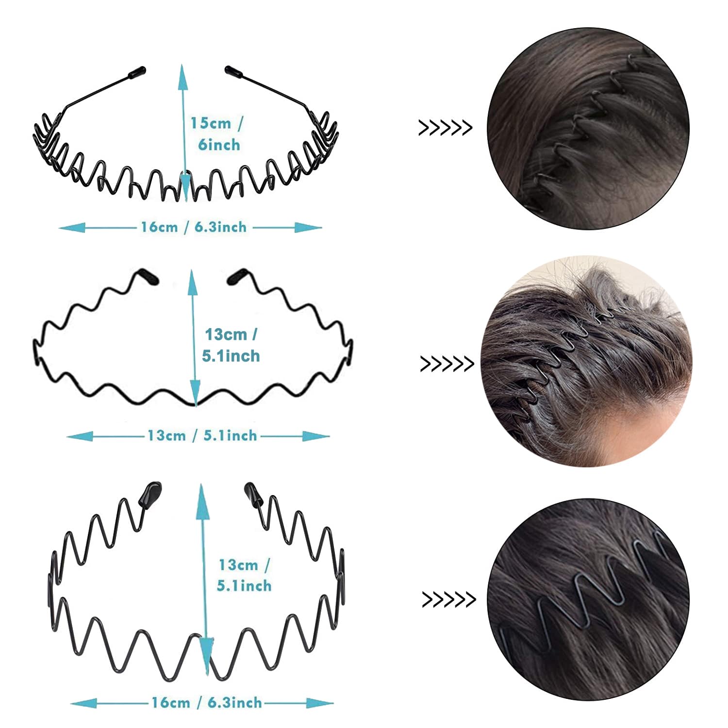 JERLITU Men's Elastic Wavy Metal Headbands, Non-slip for Outdoor Sports and Everyday Wear (6pcs)