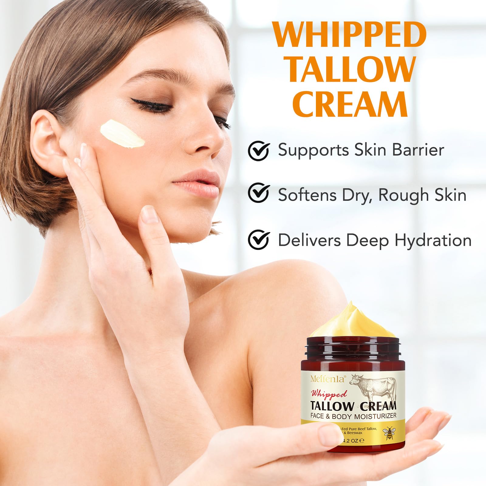 Beef Tallow for Skin,Meifenla Tallow and Honey Cream Natural Tallow Face Moisturizer, Organic Hydrating Beef Tallow Balm Deeply Moisturizing for Face & Body Skin Care