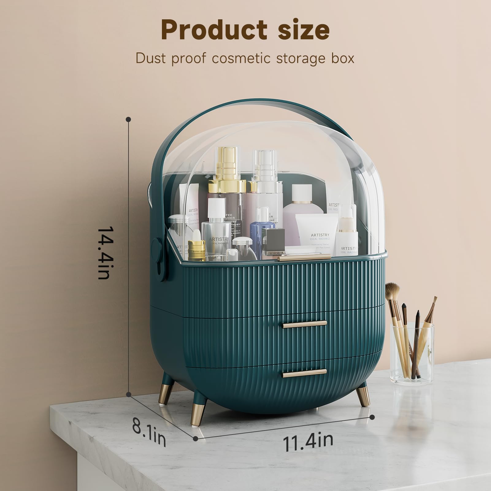 Multi-Function Make Up Case Dustproof Cosmetic Storage Box, Organizer Skin Care Products Jewelry Organizer Finishing Box for Bedroom Bathroom Desktop (Dark Green)