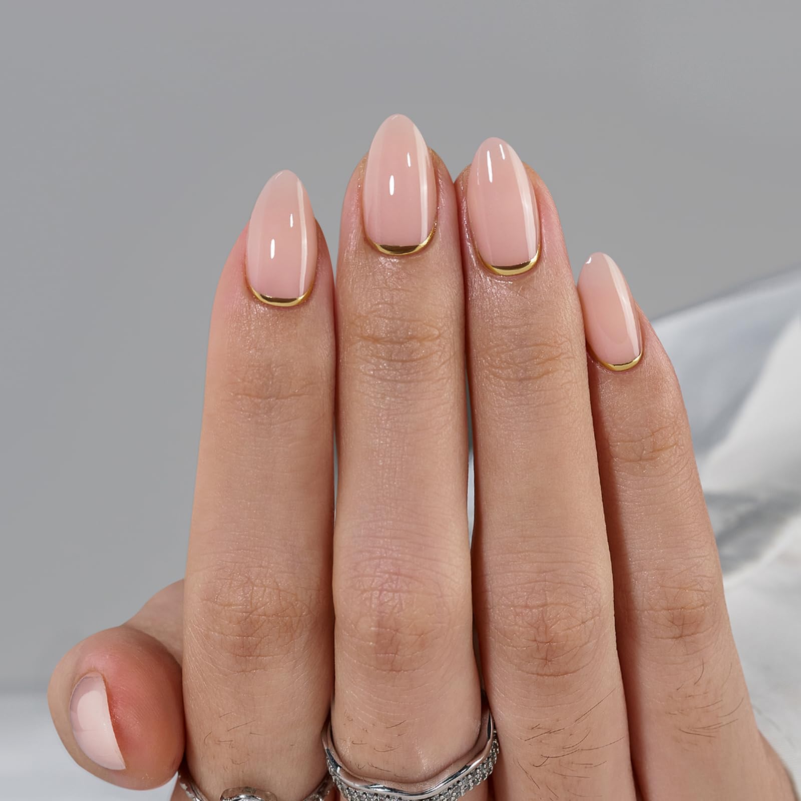 BTArtbox Press on Nails Almond - Short False Nails with Gold Foil Design, 30 Pcs Stick on Nails for Women, Supremely Fit & Glossy Fake Nail in 15 Sizes, Gold End