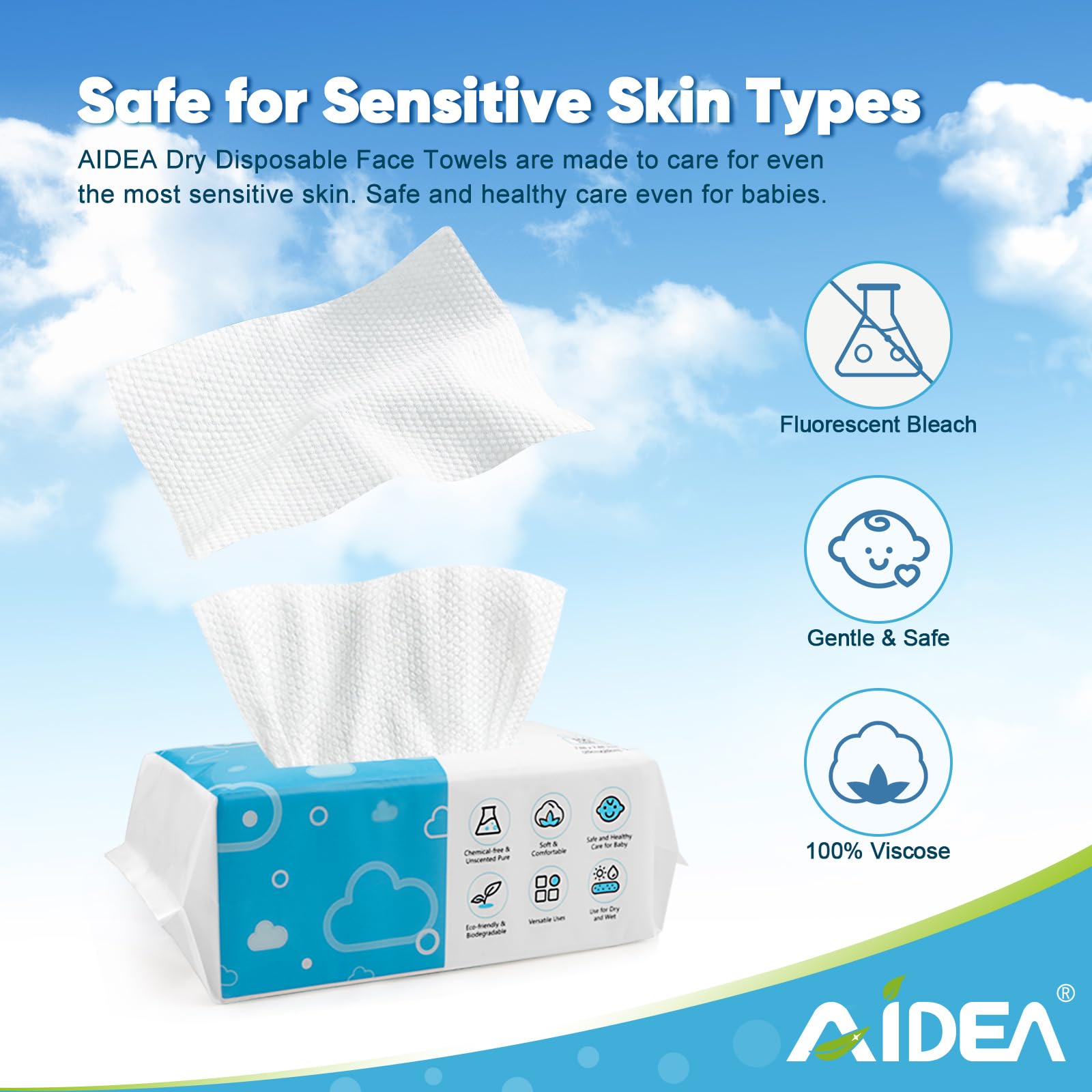 AIDEA Disposable Face Towels-600Ct, Dry Makeup Remover Wipes, Clean Facial Wipes for Sensitive Skin, Facial Cleansing Towels, Makeup Removing, Nursing, Travel, Surface Cleaning, Gifts