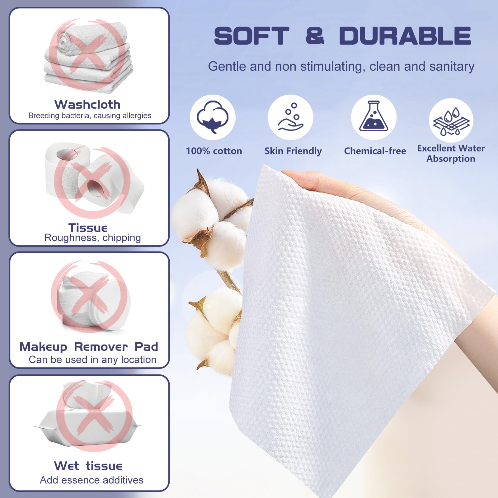 Disposable Face Towel, 200 Count Face Towels for Washing Soft Cotton Dry Wipes Facial Cloths Towelettes for Washing and Drying, Facial Tissue for Cleansing, Skincare and Makeup Remover