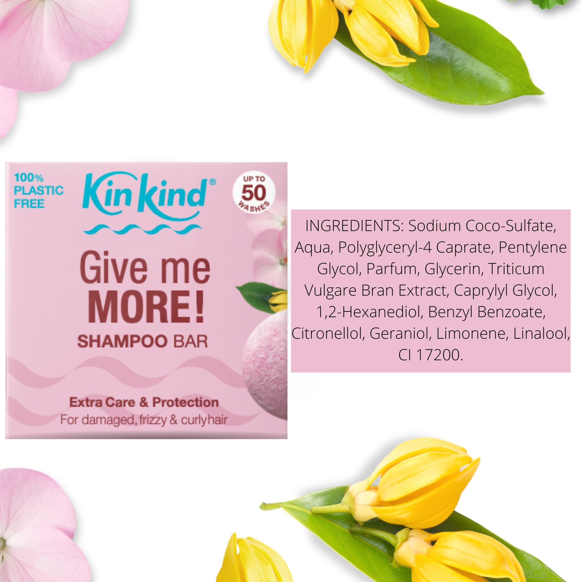 KinKind Give me MORE! Shampoo Bar for for Curly, Damaged & Frizzy hair. Extra Care & Protection. Up to 50 washes. Vegan. No silicones or parabens. UK made. 50g