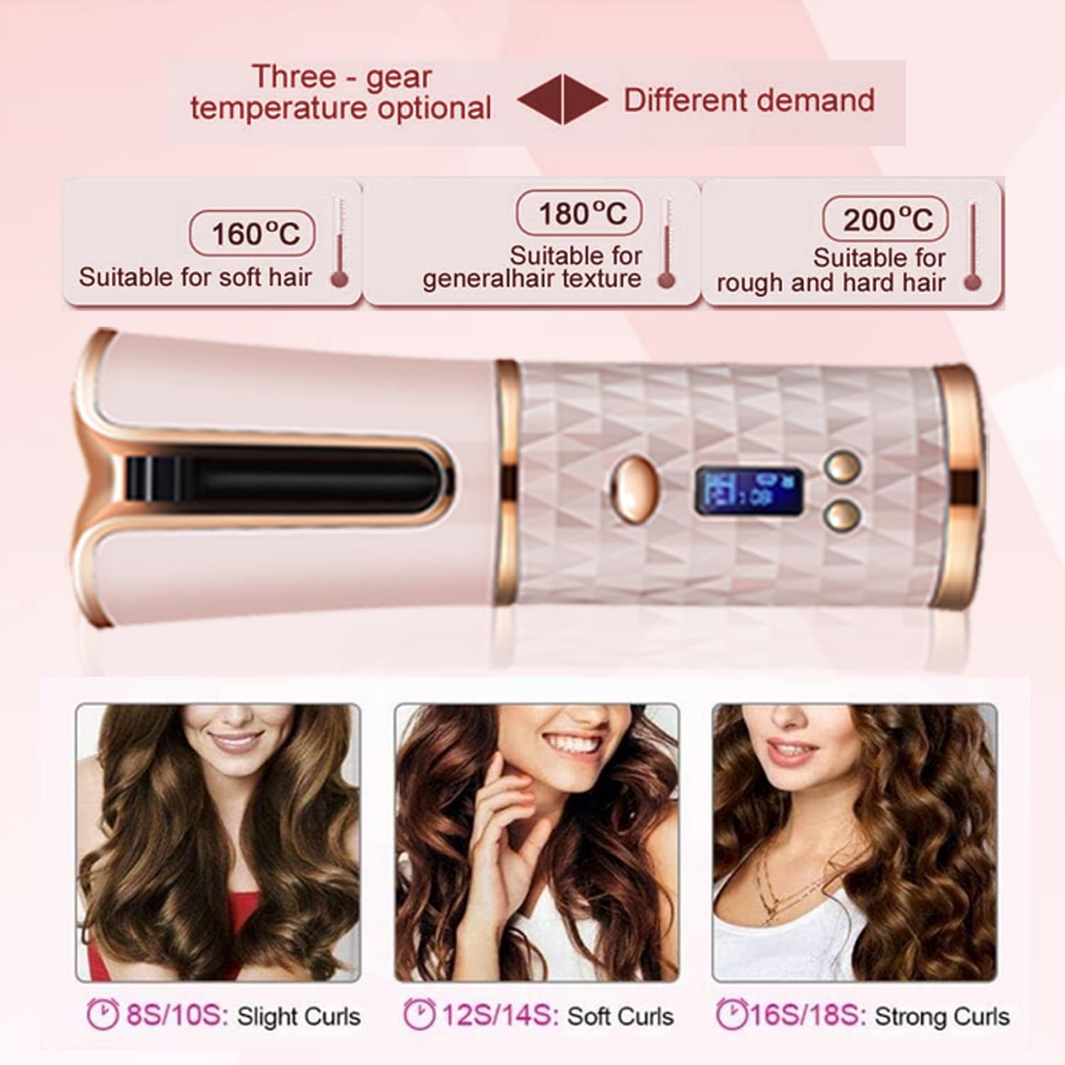 SevenPanda Hair Curler,Rotating Curling Wand Curling Tongs, Cordless Auto Curler,Long Lasting with Ceramic Professional Hair Crimper LCD Display 6 Kinds of Temp. Control & Timer Settings Curler