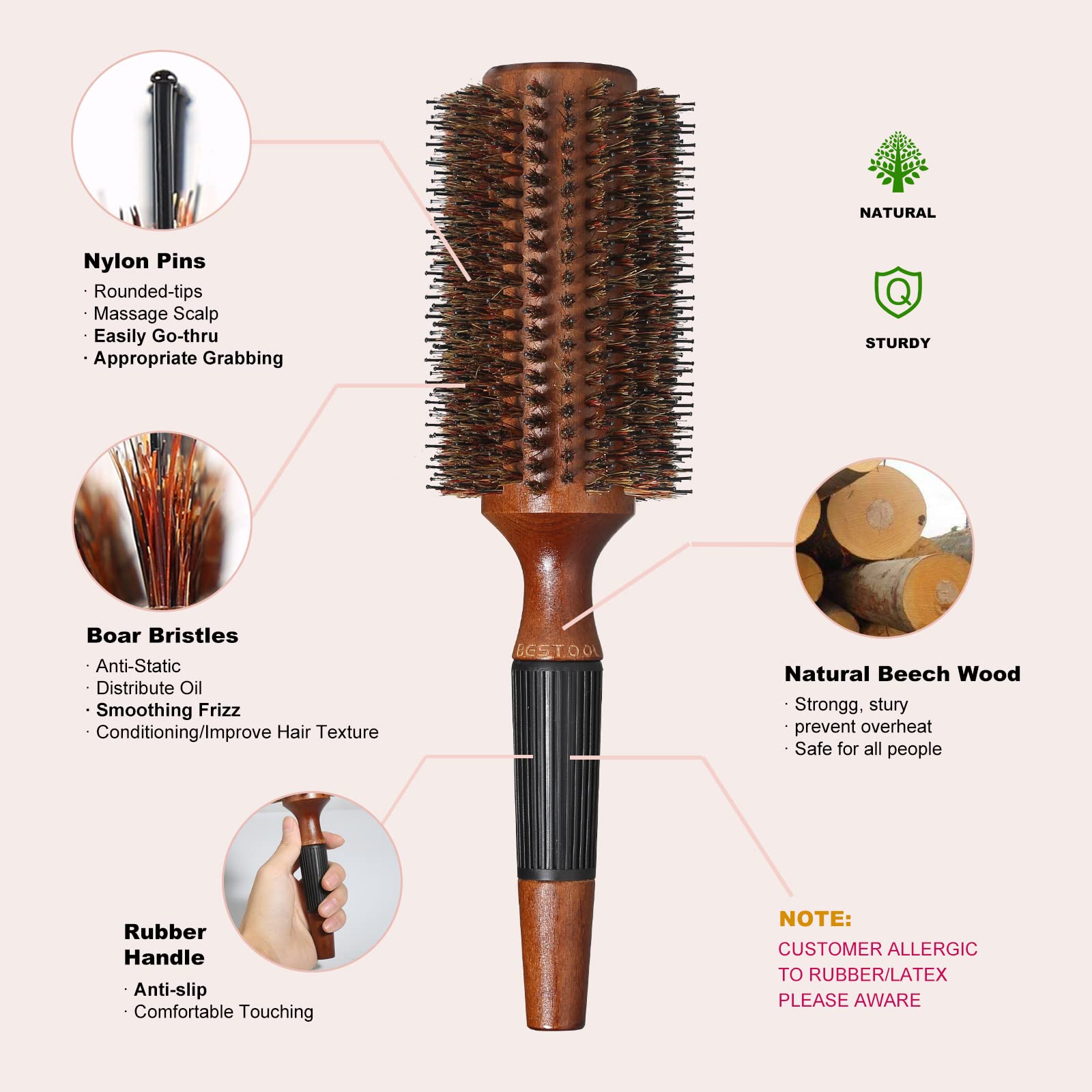 BESTOOL Round Brush for Blow Drying, Boar Bristle Round Hair Brush with Wooden Barrel, Large Round Styling Brush for Women & Men, Straightening, Curling, Adding Shine or Volume (2.8 Inch)
