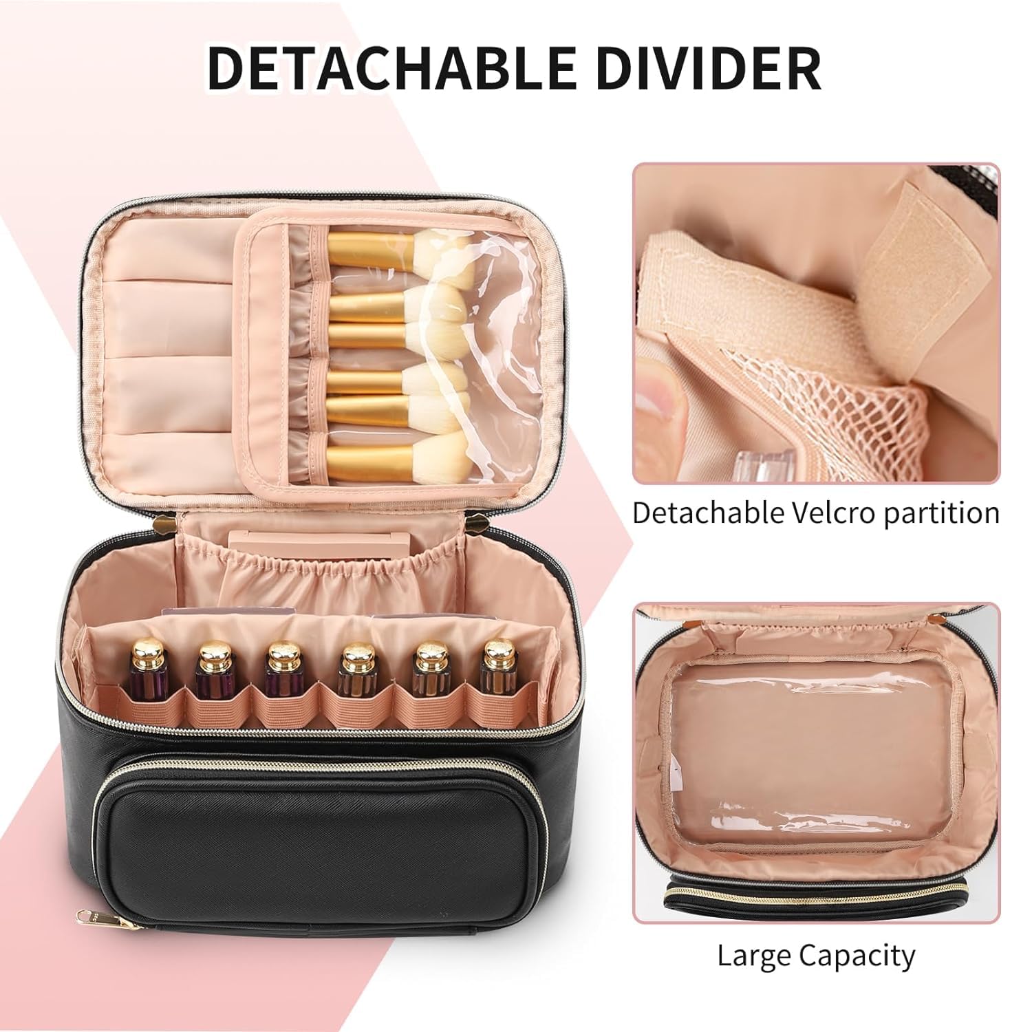 Travel Makeup Bag, Portable Cosmetic Bag with Makeup Brush Organiser Large Capacity Make up Case Water-Resistant Toiletry Bag for Women Travel Essentials, Large