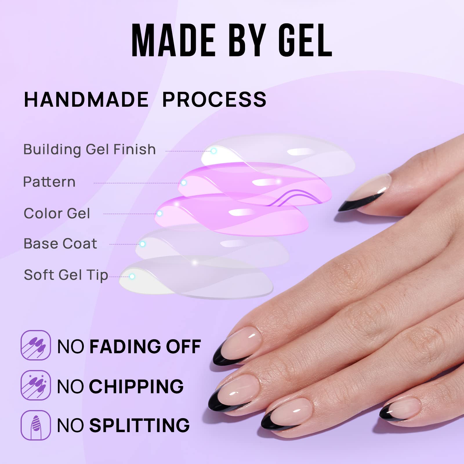 BTArtbox Stick On Nails French Tip - Short False Nails with Glue, 30 Pcs Almond Soft Gel Press on Nails, Reusable Semi Transparent Fake Nail for Women in 15 Sizes, Black French
