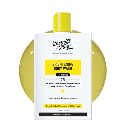 Chemist at Play Brightening Body Wash | Glowing Skin Vitamin C Bodywash | Helps to Reduce Fades Dark Spots, Evens out Skin Tone | Alpha Arbutin | 30X Vitamin C with Camu Camu | For Women & Men | 236ml