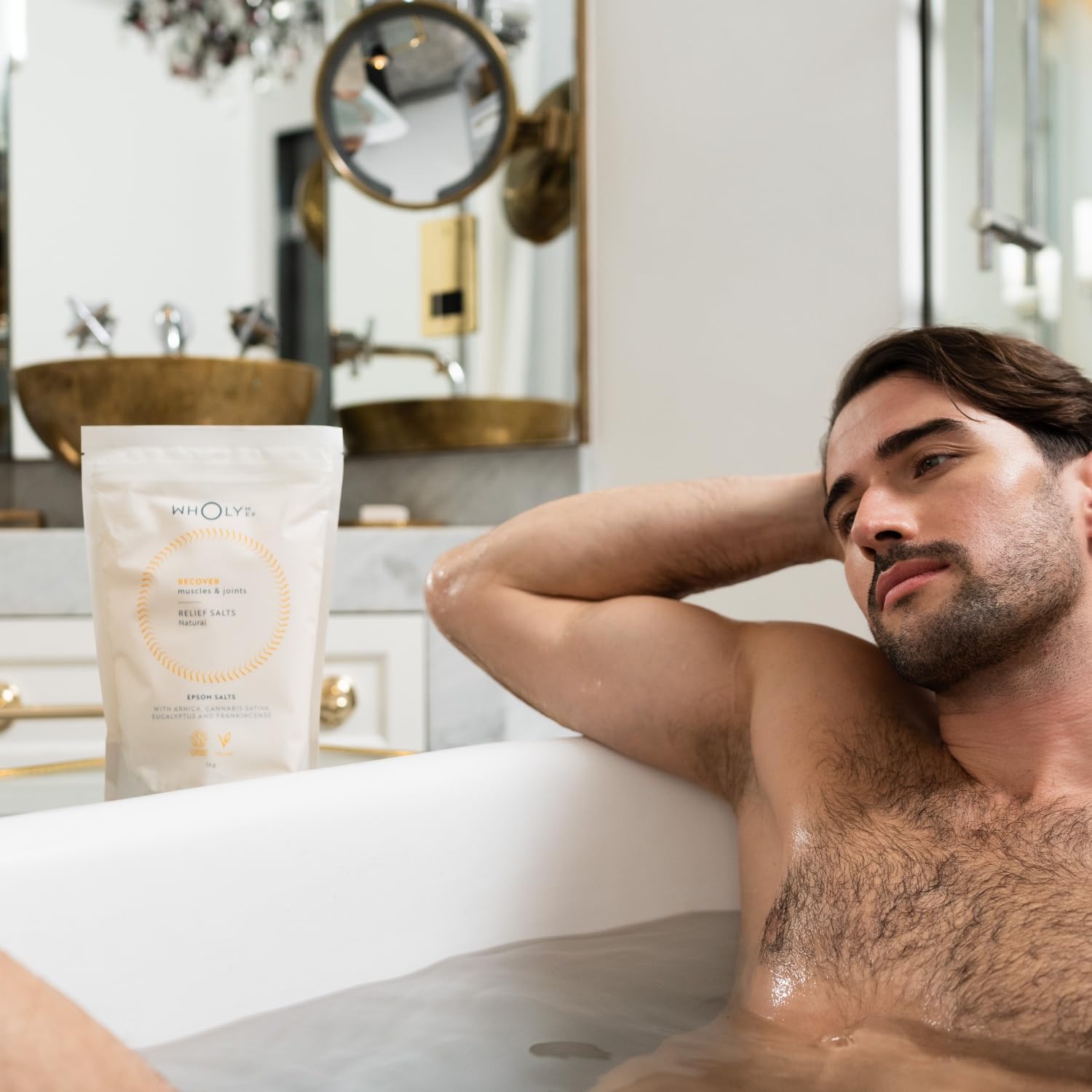 WholyMe Epsom Salt Bath Salts - Natural Bath Soak for Muscle and Joint Recovery with Arnica, Frankincense and Eucalyptus Essential Oil - Great for Post Workout and Relaxation - 7 Ounce (200g)