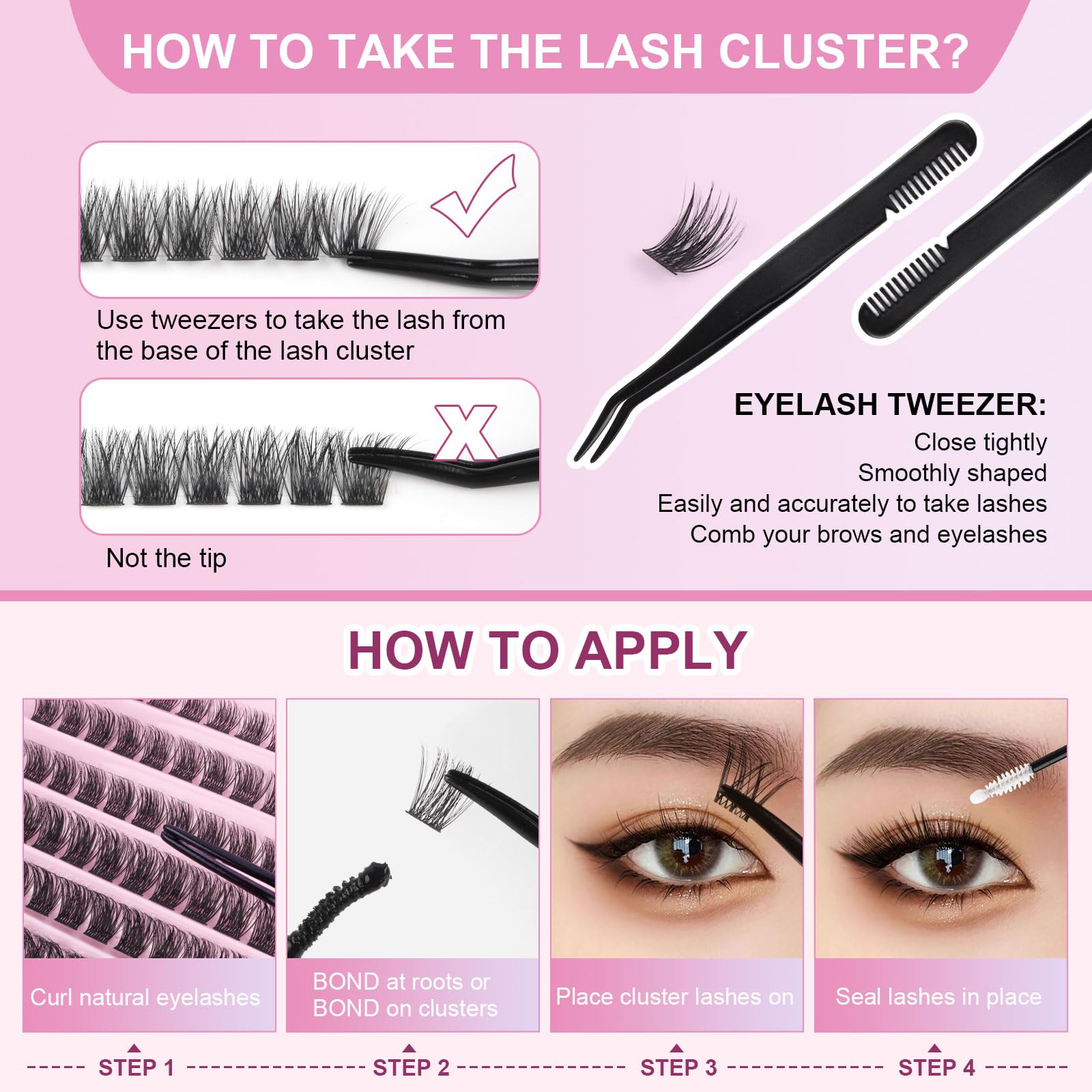 Sixstarhair Diy Lash Extension Kit 120 Pcs Cluster Lashes Glue Bond and Seal Cluster Eyelash Extensions Kit with Lash Tweezers D Curl Natural Wispy False Eyelashes Kit 8-16mm