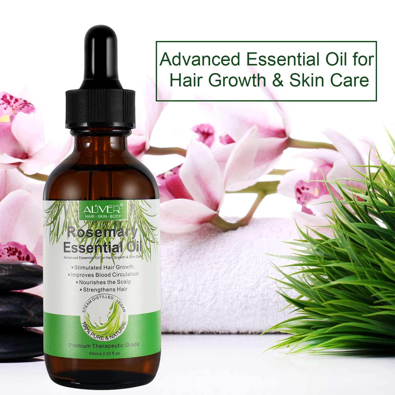VXHDAG Rosemary Oil for Hair Growth & Skin Care - 100% Pure Rosemary Essential Oil for Eyebrow and Eyelash, Nourishes The Scalp, Stimulates Hair Growth for Men Women (2 Pack 2x60ML)