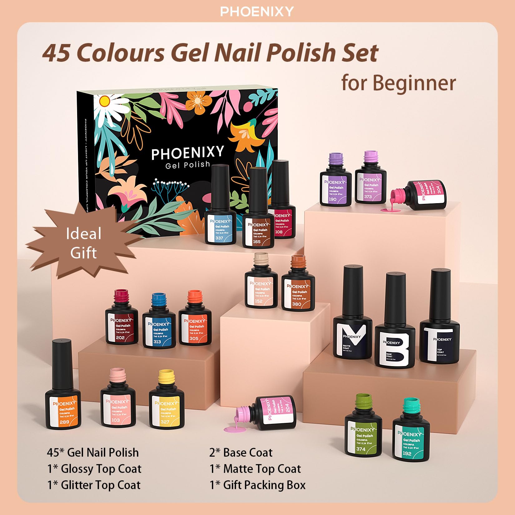 Phoenixy Gel Nail Polish Set - 50pcs UV Nail Polishes 7ml Nail Varnish with Base Top Matte Glitter Coat Gel Polish Set Nail Varnish Sets Gift for Women