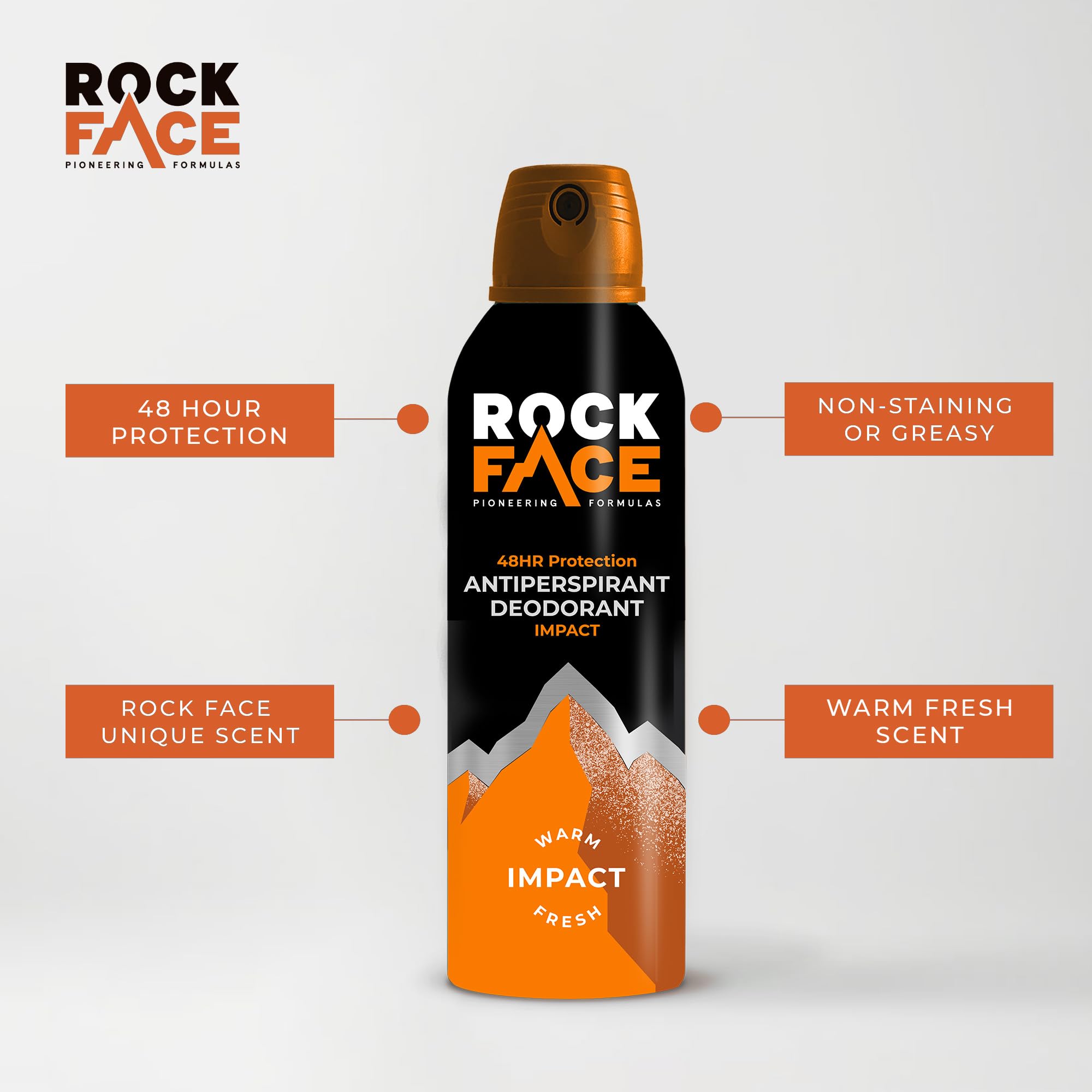 Rock Face Antiperspirant Deodorant for Men - Impact Ginger & Amber Scent, 200ml Spray, 48 Hour Protection, Non-Staining, Multipack of 6