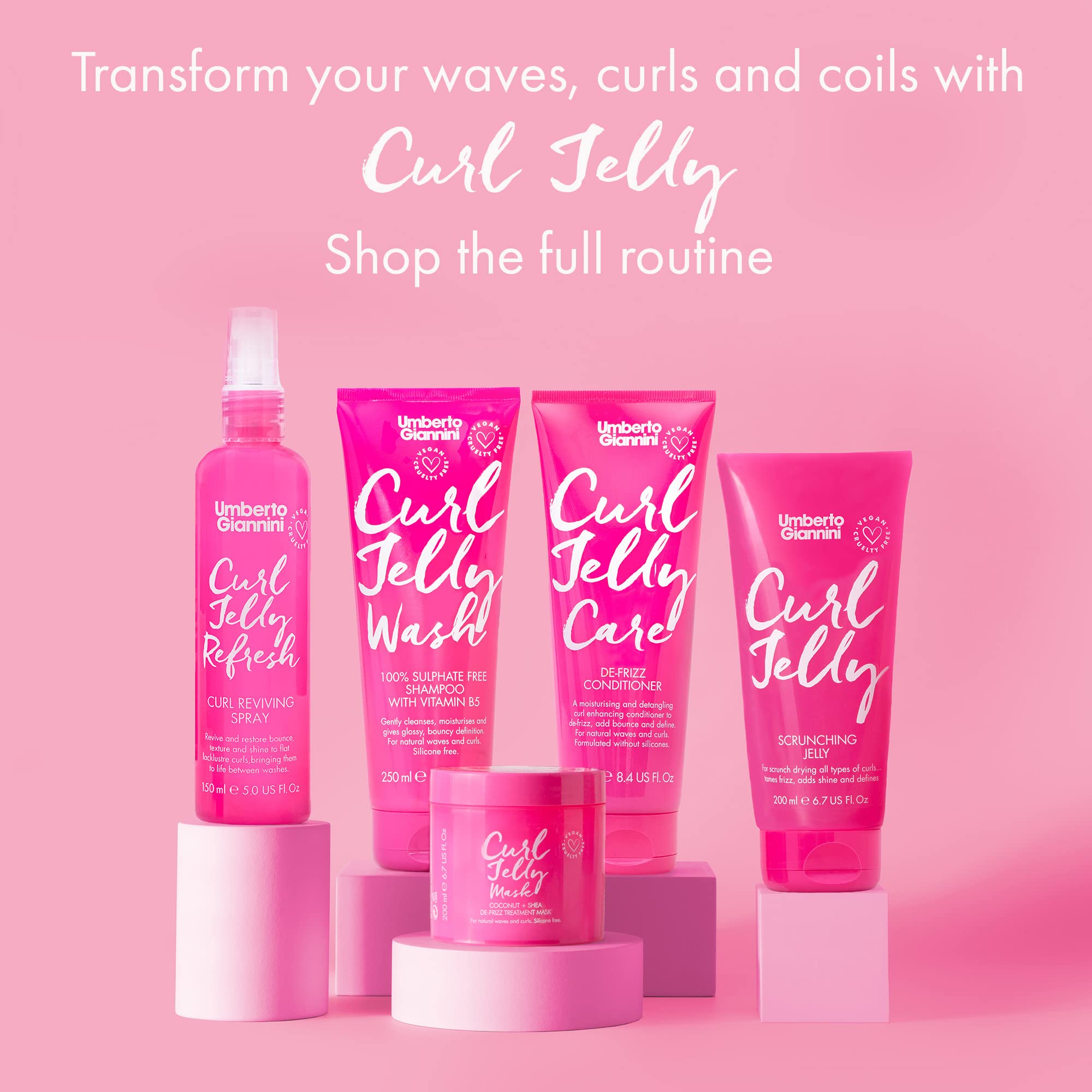 Umberto Giannini Curl Jelly Starter Kit - 3 x 50ml Curl Scrunching Jelly, Curl Jelly Wash Shampoo & Curl Jelly Care Conditioner