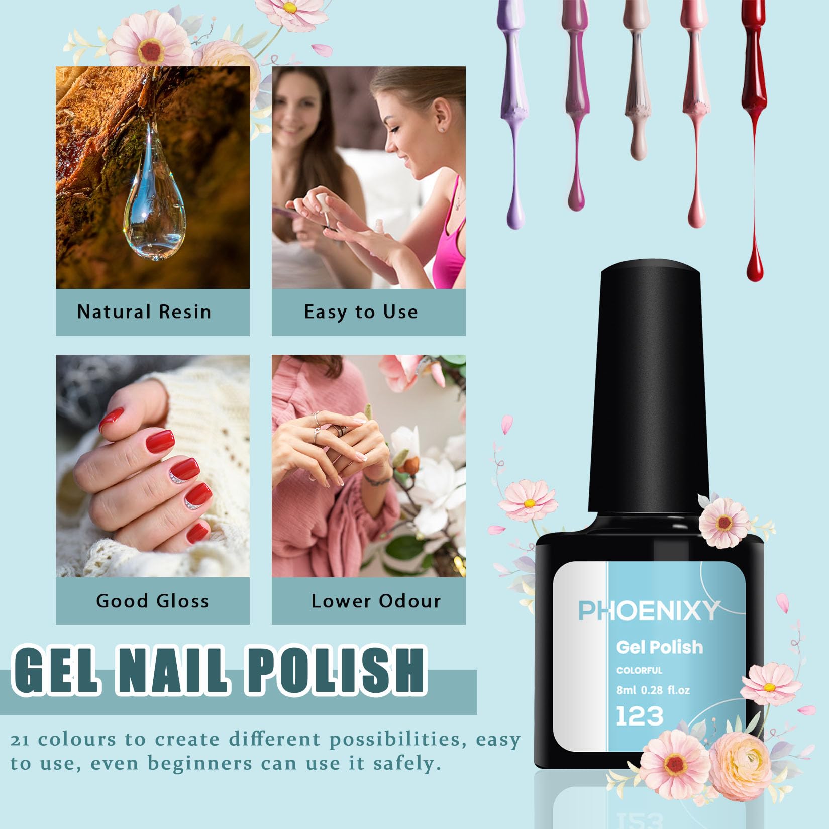 Gel Nail Polish Set - Phoenixy 24pcs 8ml UV Soak-off Gel Polish 21 Colours Gel Nail Varnish Set Base and Top Coat Nail Gift Kit for Women