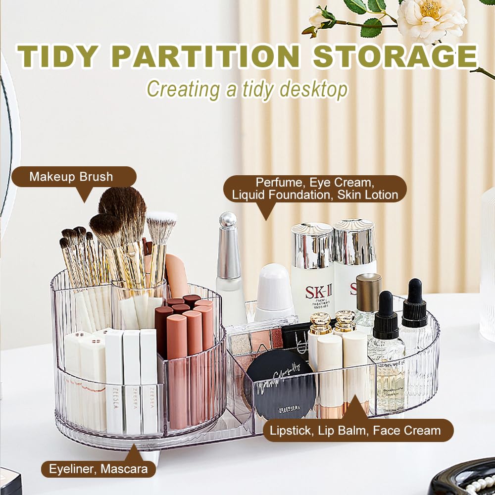 BULLA Makeup Organiser, 360 Rotating Makeup Organiser, Rotating Compartment 2 In 1 Cosmetic Storage, Makeup Organizer Storage Is Perfect for Dresser, Bathroom, Bedroom (Crystal Clear)