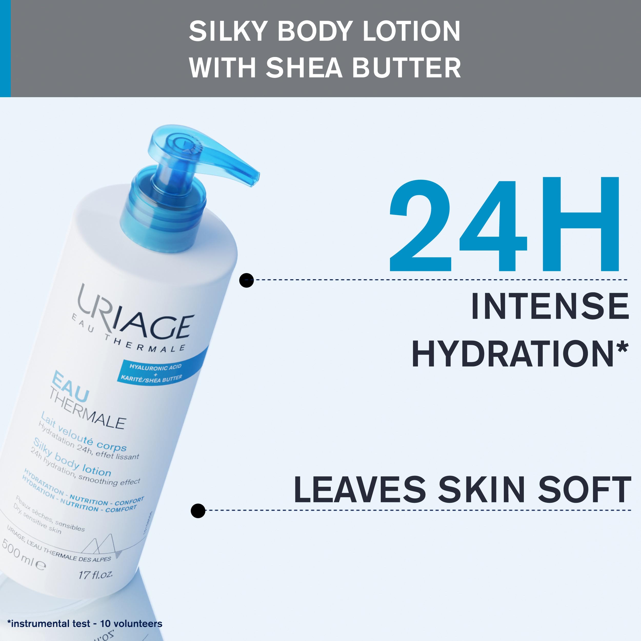 URIAGE Silky Body Lotion with Shea Butter & Hyaluronic Acid | 24H Hydration, Smoothing Effect, Moisturizer, Paraben-Free, 500 mL / 17 oz