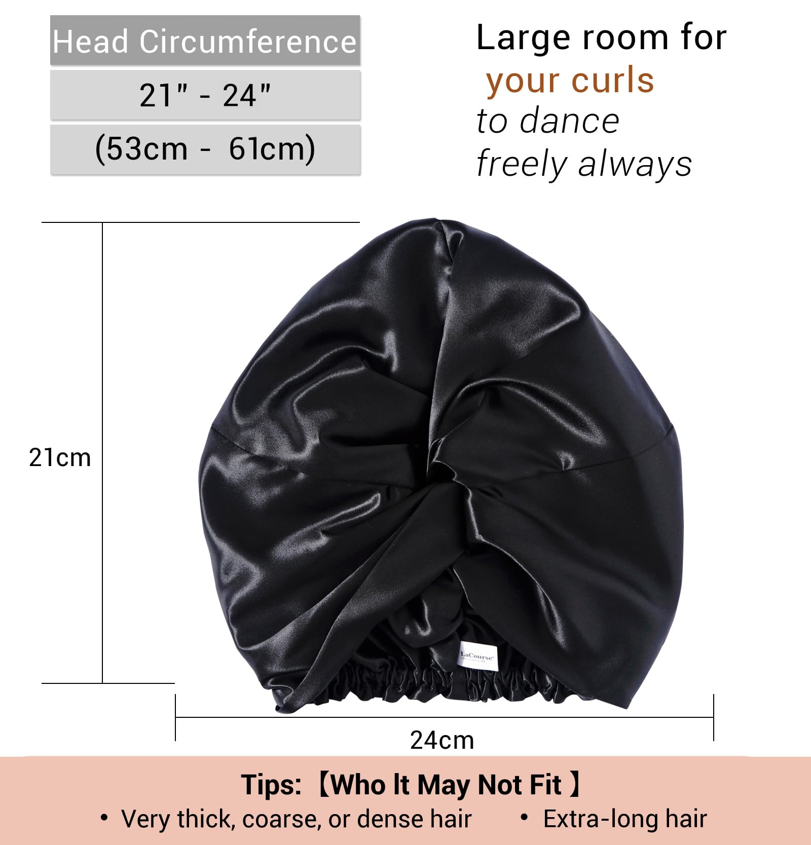 LaCourse 100% Genuine 22Momme Silk Bonnet for Sleeping, Double-Layered Mulberry Silk Hair Wrap with Premium Elastic Stay on Head. (One Size, Black)