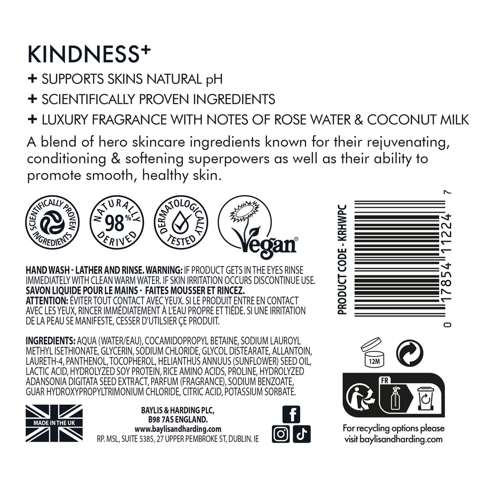Baylis & Harding Kindness + Plant Collagen, Rose Water & Coconut Milk Fragrance, 500 ml Cleanse & Rejuvenate Hand Wash (Pack of 3) - Vegan Friendly