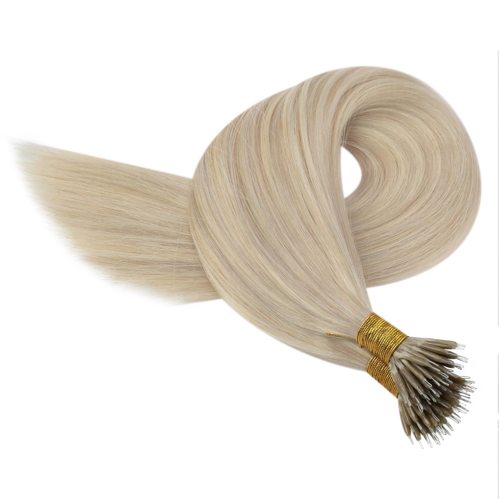 YoungSee Nano Hair Extensions Blonde 16inch Nano Bead Hair Extensions Human Hair Warm Ash Blonde Highlight Bleach Blonde Nano Ring Extension Highlights Soft 50s 50g