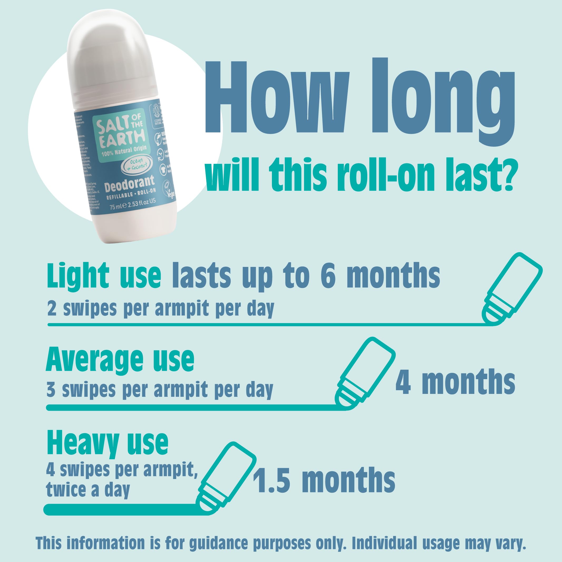 Salt of the Earth - Natural Refillable Roll On Deodorant - Ocean & Coconut - Effective Long-Lasting Protection, 100% Natural ingredients, Eco friendly & Vegan - for Women, Men & Kids - 2.54 oz