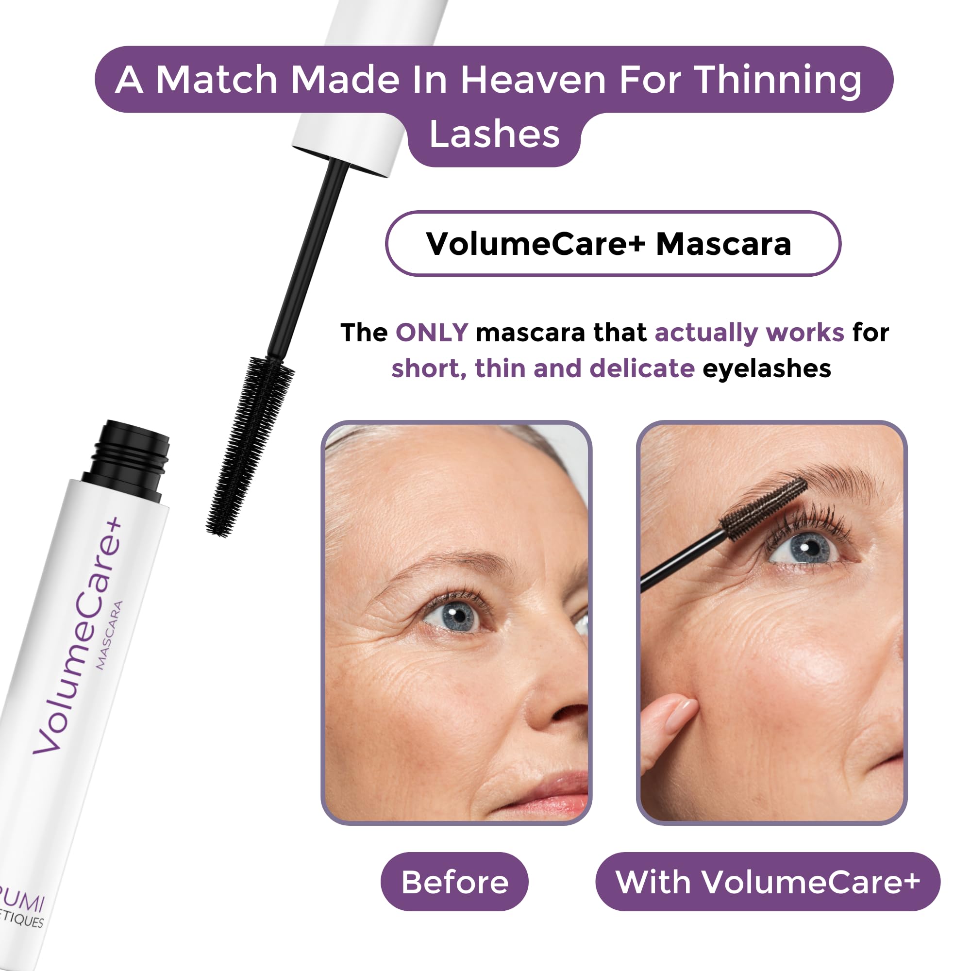 Rumi Cosmetiques VolumeCare+ Mascara For Older Women - Extreme Length and Volume 2-in-1 Formula - No Clumps, Long-wearing, Hypoallergenic Mascara For Sensitive Eyes