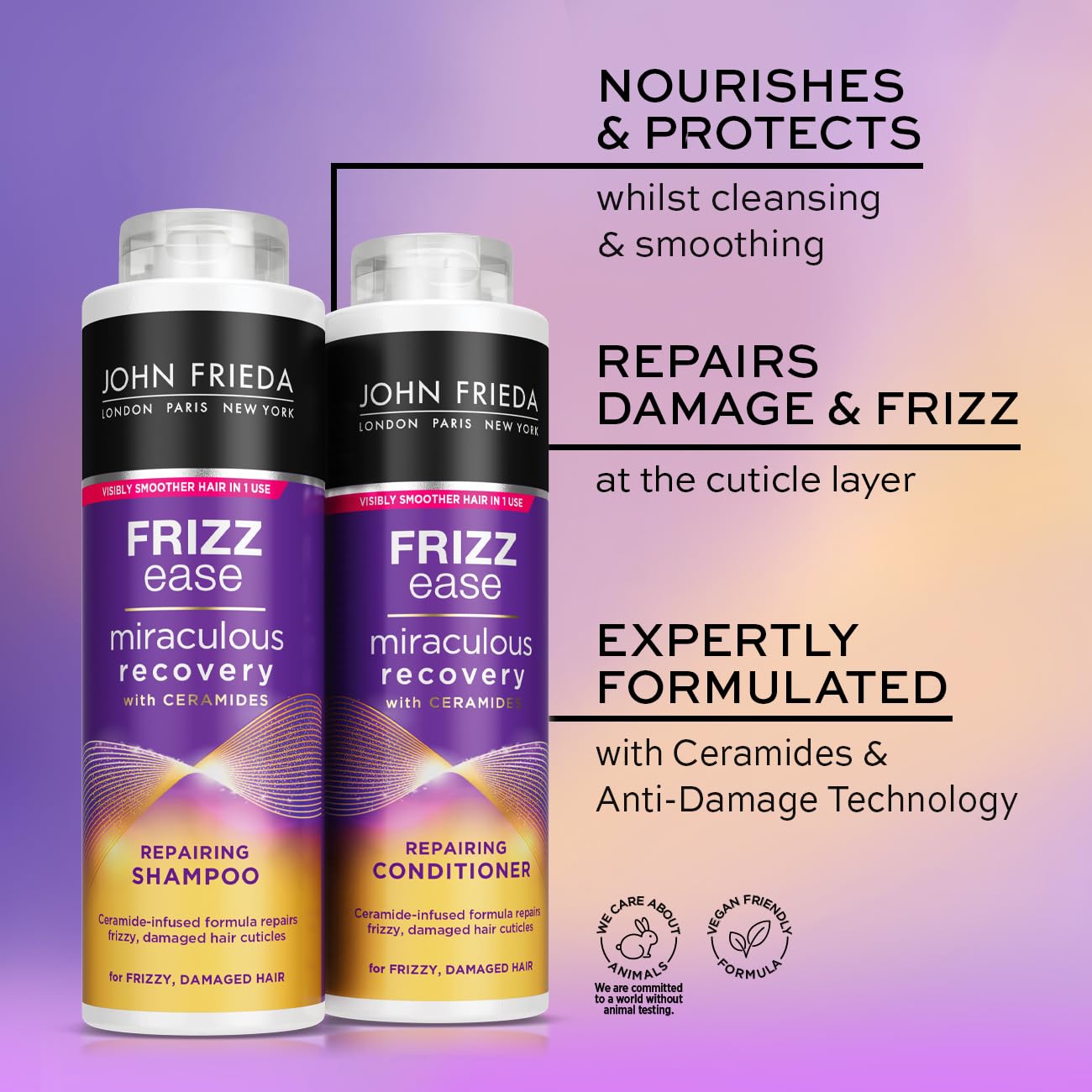 John Frieda Frizz Ease Miraculous Recovery Shampoo And Conditioner Duo Pack 2 X 500ml, Repairing And Smoothing Shampoo And Conditioner Bundle Dry, Damaged Hair
