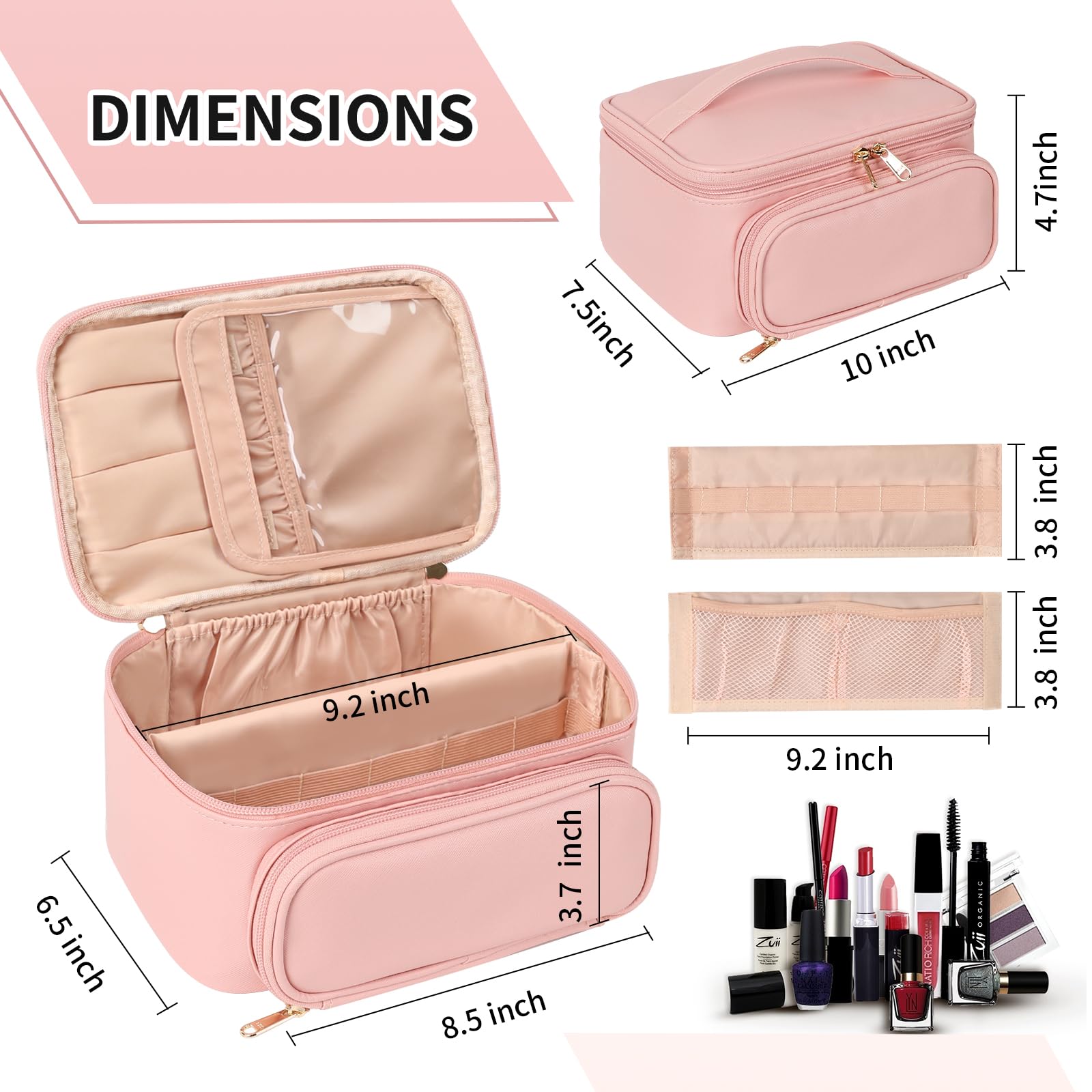 Travel Makeup Bag, Portable Cosmetic Bag with Makeup Brush Organiser Large Capacity Make up Case Water-Resistant Toiletry Bag for Women Travel Essentials, Large Pink