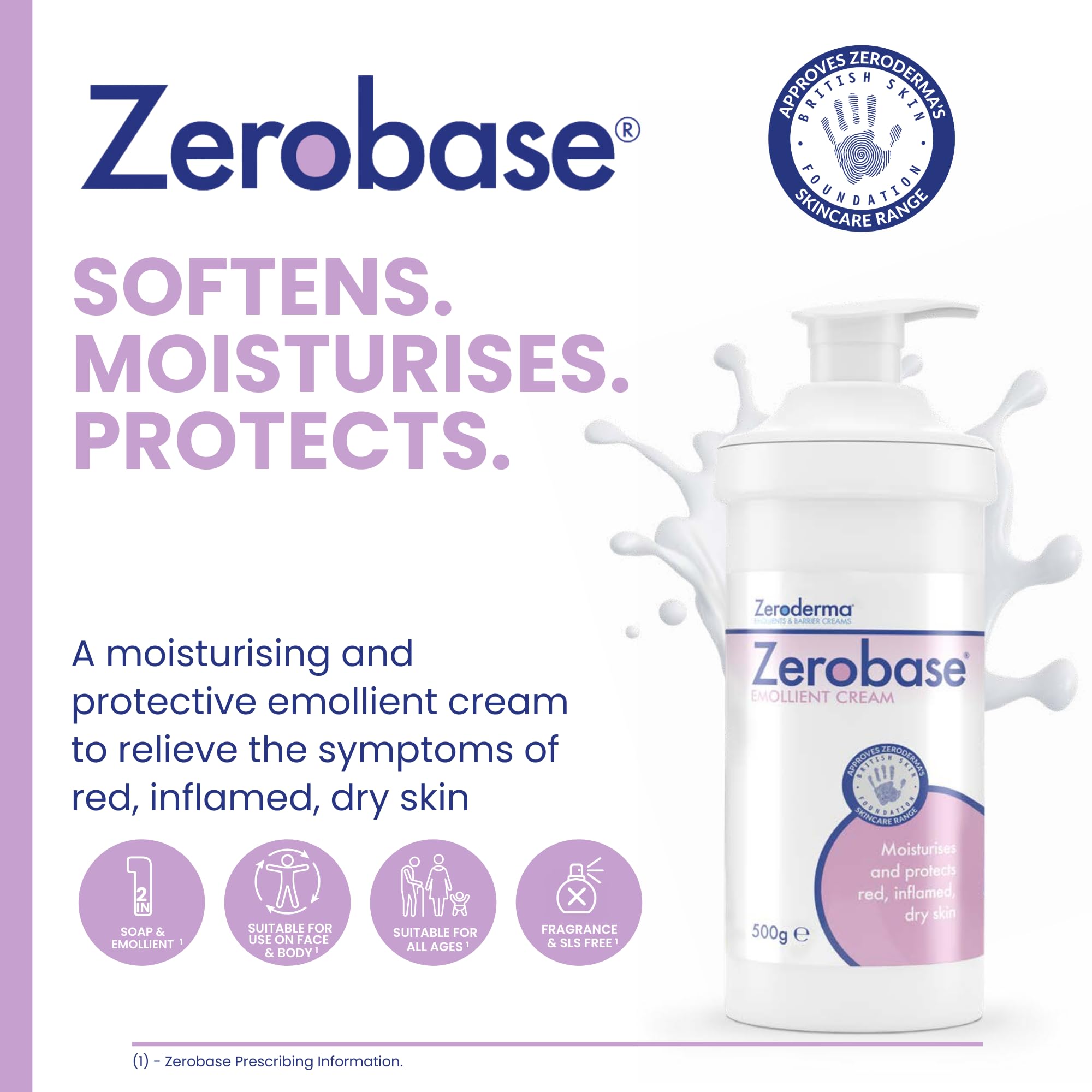 Zeroderma Zerobase Emollient Cream 2-in-1 Moisturiser & Soap Substitute, for Dry & Eczema-Prone Skin, Restores Skin Barrier, 21 percent w/w Paraffins, 500g